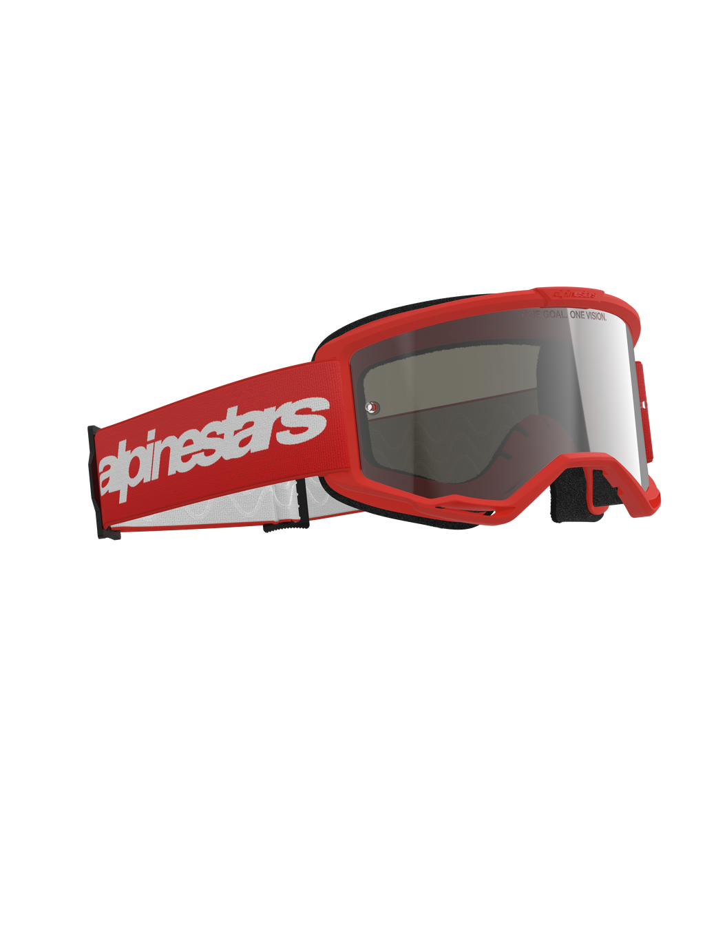 Alpinestars Vision 3 Wordmark Brille, Motocross-Brille, roter Rahmen mit passendem rotem Band und großem weißen Wordmark-Logo, silber verspiegelte Linse, entwickelt für Offroad- und Motocross-Rennsport