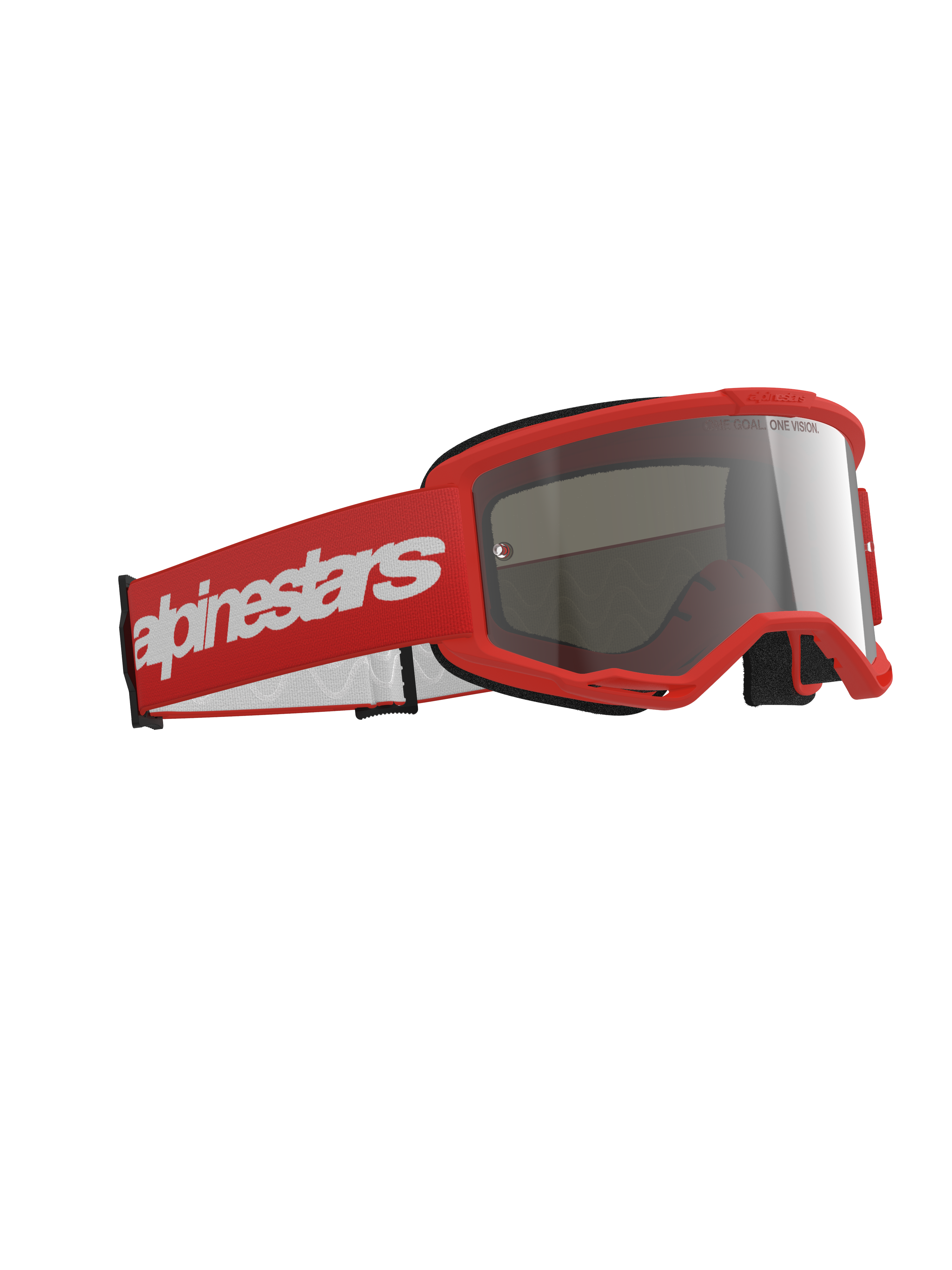Alpinestars Vision 3 Wordmark Brille, Motocross-Brille, roter Rahmen mit passendem rotem Band und großem weißen Wordmark-Logo, silber verspiegelte Linse, entwickelt für Offroad- und Motocross-Rennsport