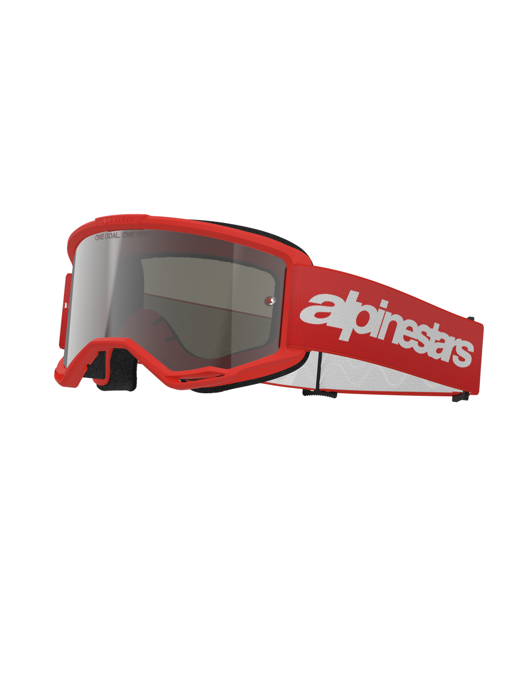 Alpinestars Vision 3 Wordmark Brille, Motocross-Brille, Rot und Silber verspiegelt, leuchtend roter Rahmen mit silber verspiegelter Linse, rotes gewebtes Band mit großem weißem Schriftzug-Logo, sportliche Offroad-Schutzbrille