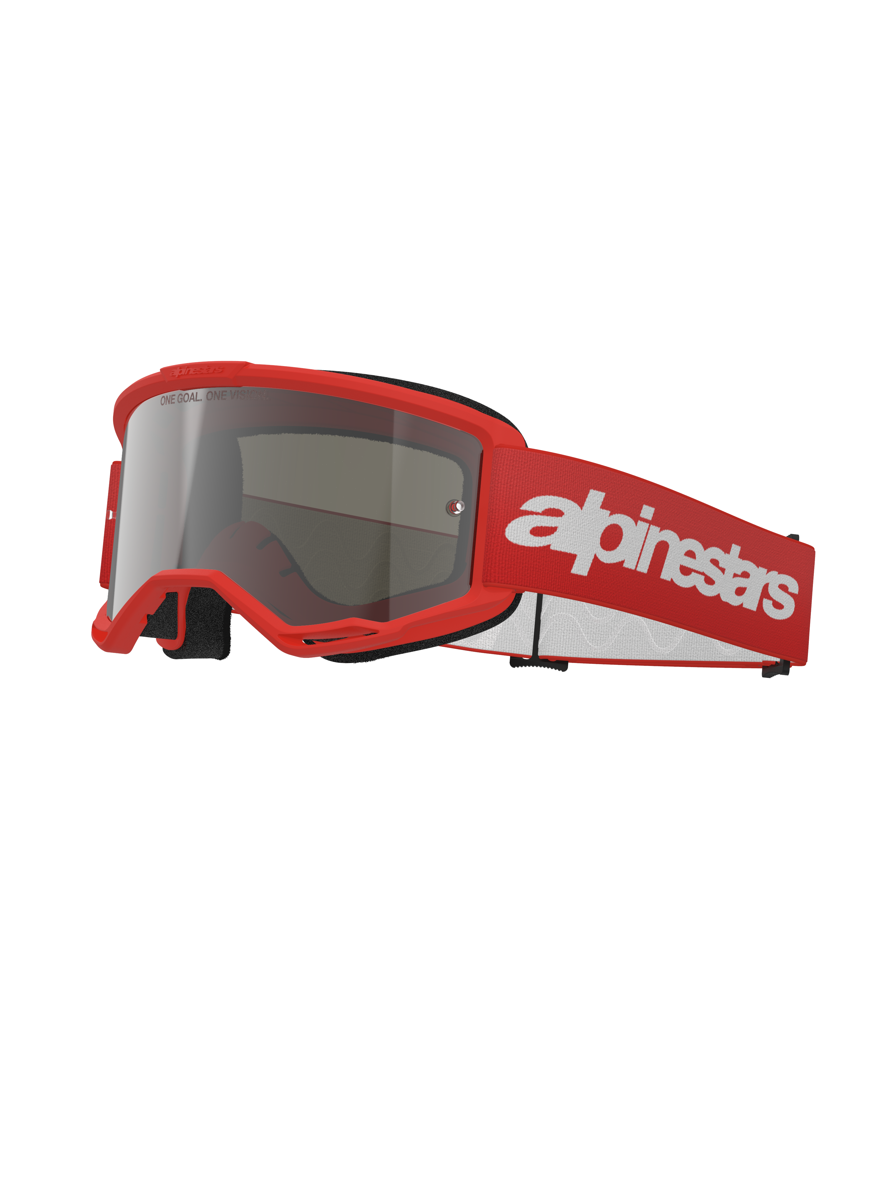 Alpinestars Vision 3 Wordmark Goggles, Motocross Goggles, Red and Silver Mirror, bright red frame with silver mirrored lens, red woven strap featuring a large white wordmark logo, sporty off-road protective eyewear
