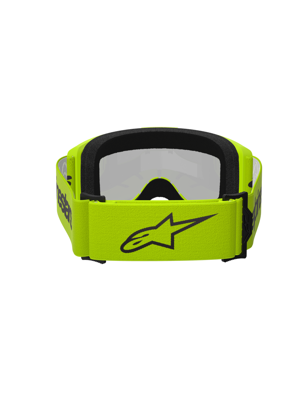 Alpinestars Vision 3 Wordmark Brille, Motocross-Brille, Gelb Fluo und Silber verspiegelt, Rückansicht mit breitem fluoreszierend gelbem Band mit schwarzem Stern-Logo und Branding, schwarzer Gesichtsschaum, entwickelt für Offroad-Rennsport