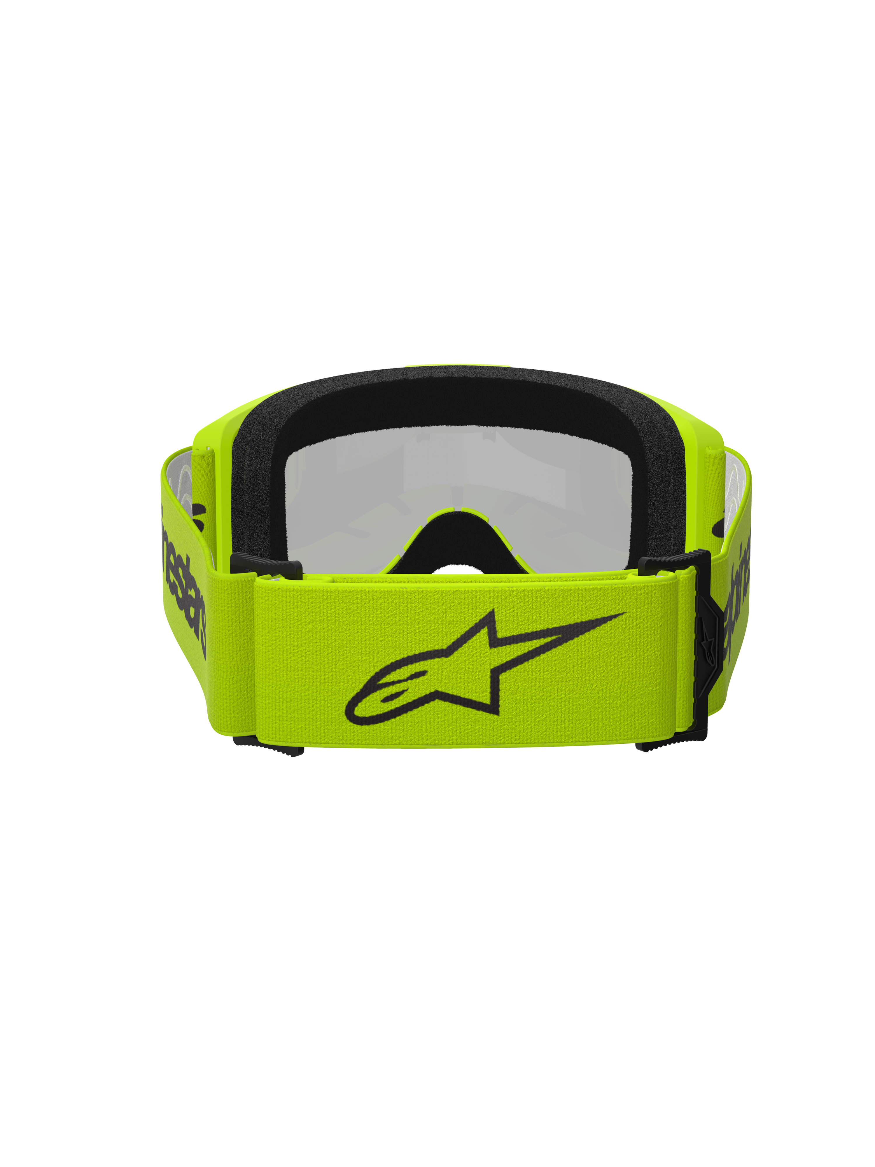 Alpinestars Vision 3 Wordmark Brille, Motocross-Brille, Gelb Fluo und Silber verspiegelt, Rückansicht mit breitem fluoreszierend gelbem Band mit schwarzem Stern-Logo und Branding, schwarzer Gesichtsschaum, entwickelt für Offroad-Rennsport