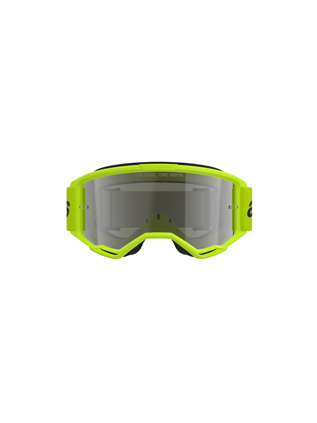 Alpinestars Vision 3 Wordmark Goggles, Motocross-Brille, neongelber Rahmen mit Mirror Silver Glas, passendes gelbes Band mit schwarzem Branding, Vorderansicht, die das weite Sichtfeld hervorhebt