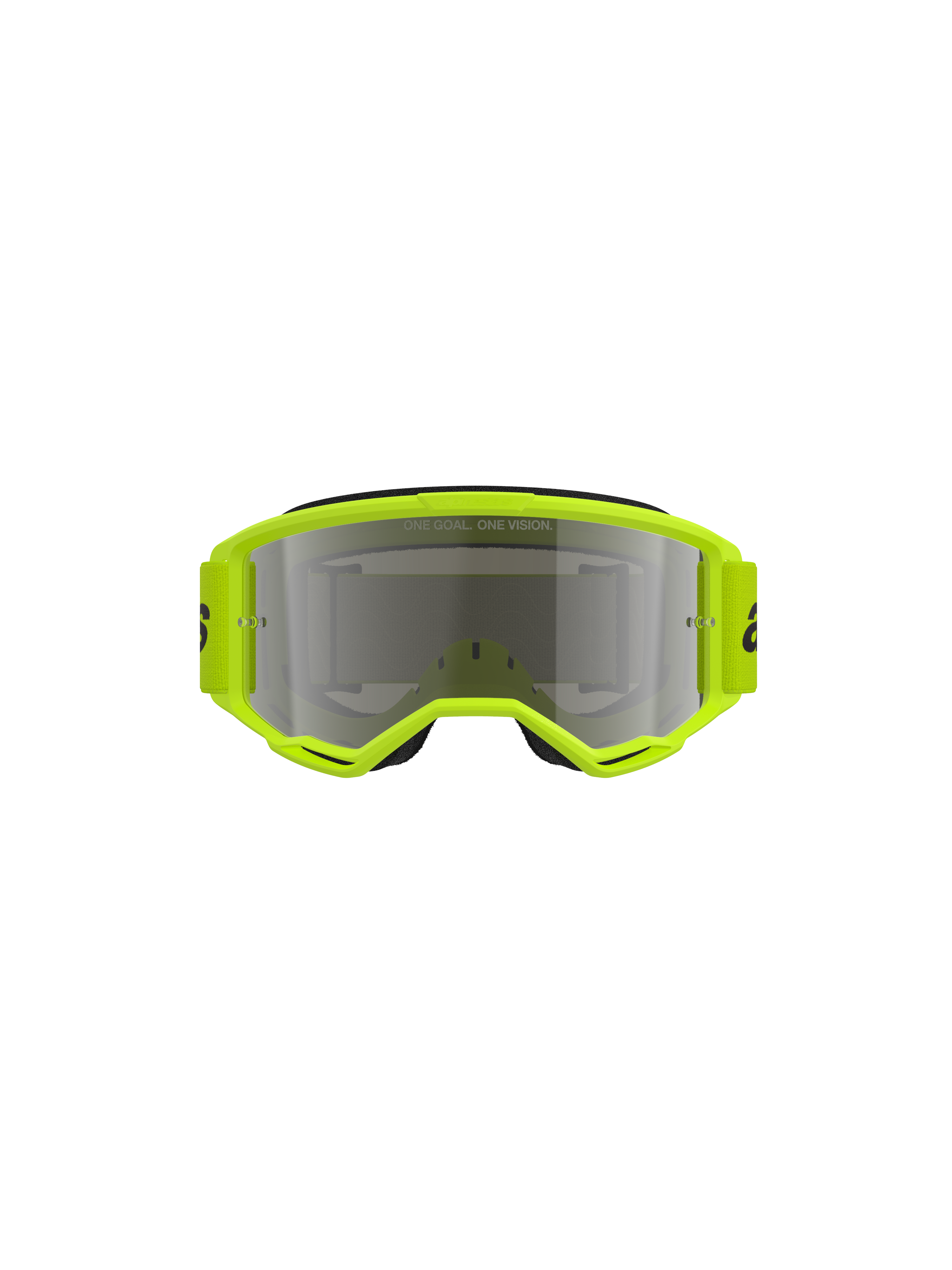 Alpinestars Vision 3 Wordmark Goggles, Motocross-Brille, neongelber Rahmen mit Mirror Silver Glas, passendes gelbes Band mit schwarzem Branding, Vorderansicht, die das weite Sichtfeld hervorhebt