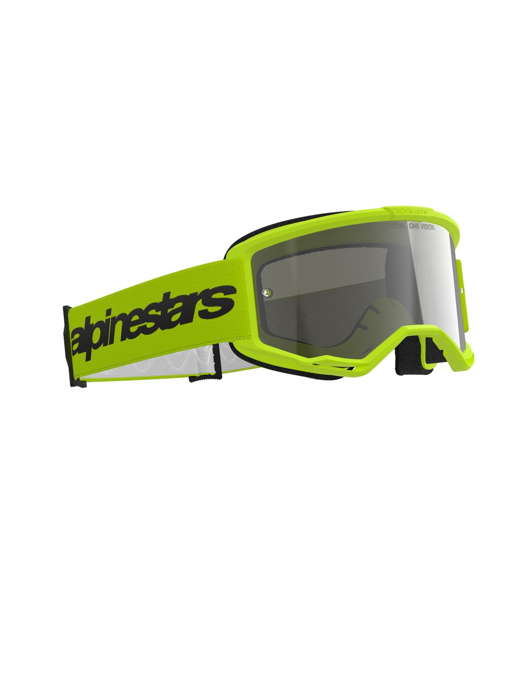 Alpinestars Vision 3 Wordmark Brille, Motocross-Brille, Gelb Fluo und Silber verspiegelt, leuchtend gelber Rahmen mit reflektierender silberner Linse, breites gelbes Band mit schwarzem Alpinestars-Branding