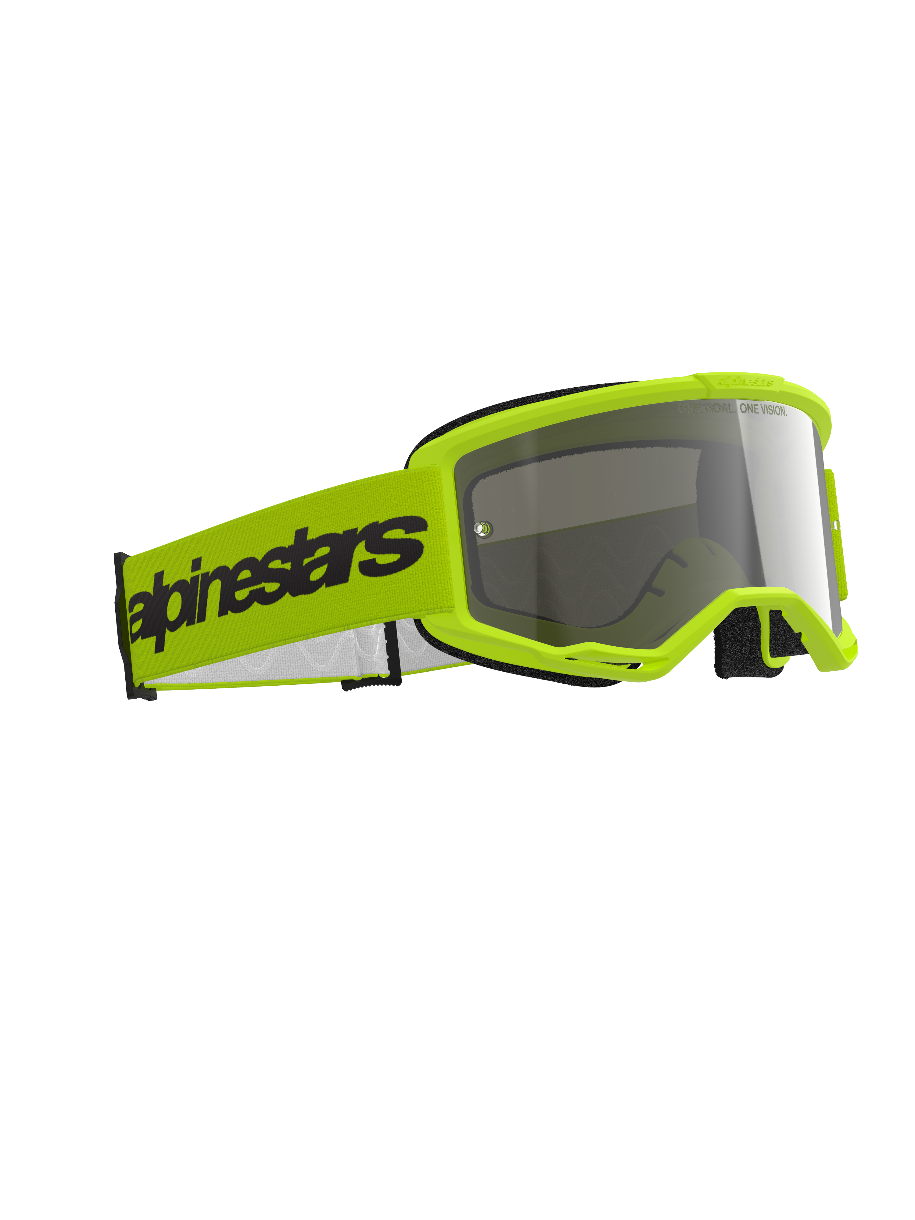 Alpinestars Vision 3 Wordmark Brille, Motocross-Brille, Gelb Fluo und Silber verspiegelt, leuchtend gelber Rahmen mit reflektierender silberner Linse, breites gelbes Band mit schwarzem Alpinestars-Branding