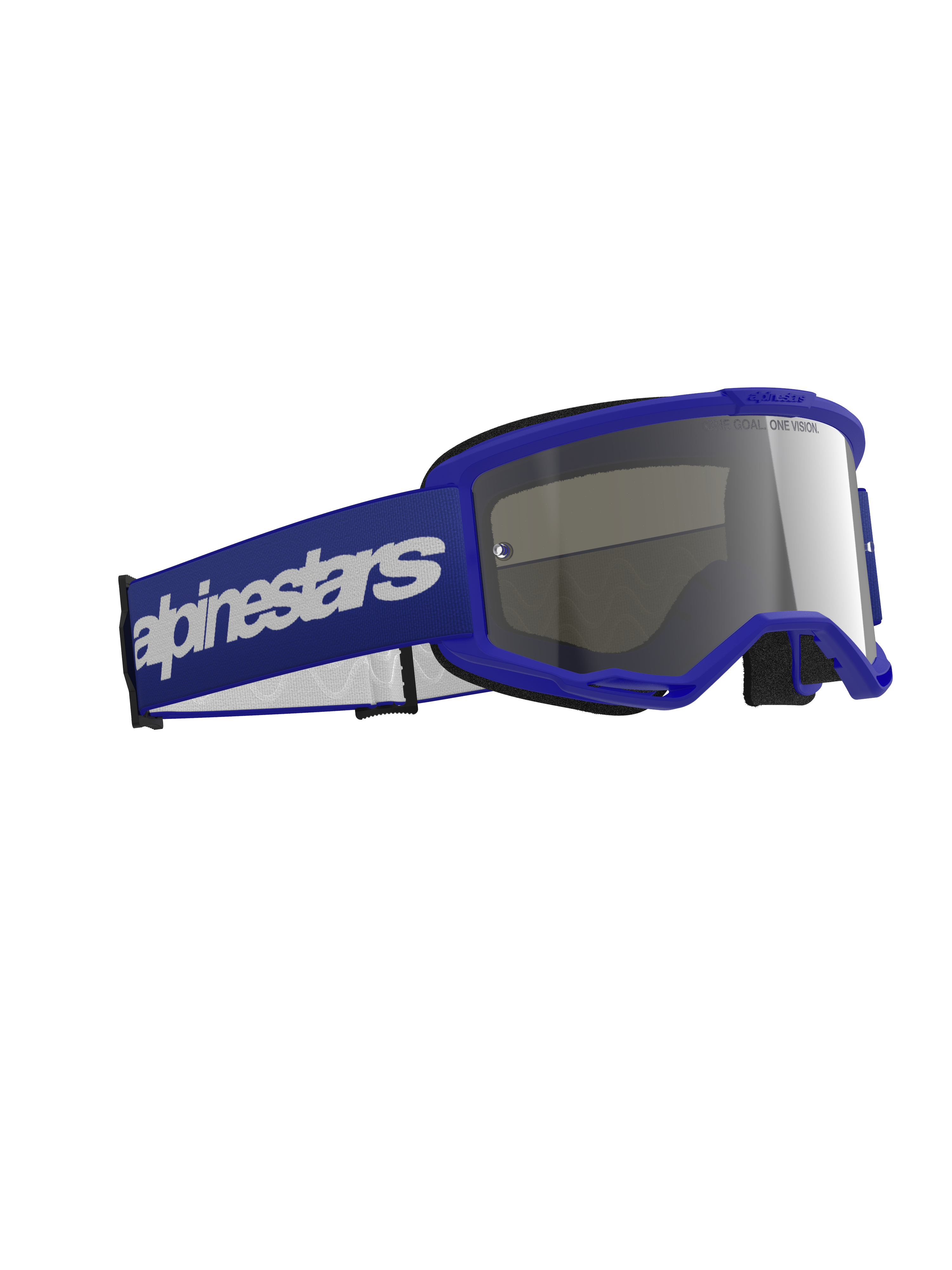 Alpinestars Vision 3 Wordmark Goggles, Motocross Goggles, Blue with Silver Mirror Lens, featuring a blue frame and wide blue strap with a white wordmark logo, durable design for off-road racing