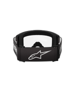 Alpinestars Vision 3 Wordmark Goggles, Motocross-Brille, Schwarz und Klar, Rückansicht mit breitem schwarzem Band, weißem Alpinestars Stern-Logo und Schriftzug, dickem schwarzem Gesichtsschaum und klarer Scheibe.