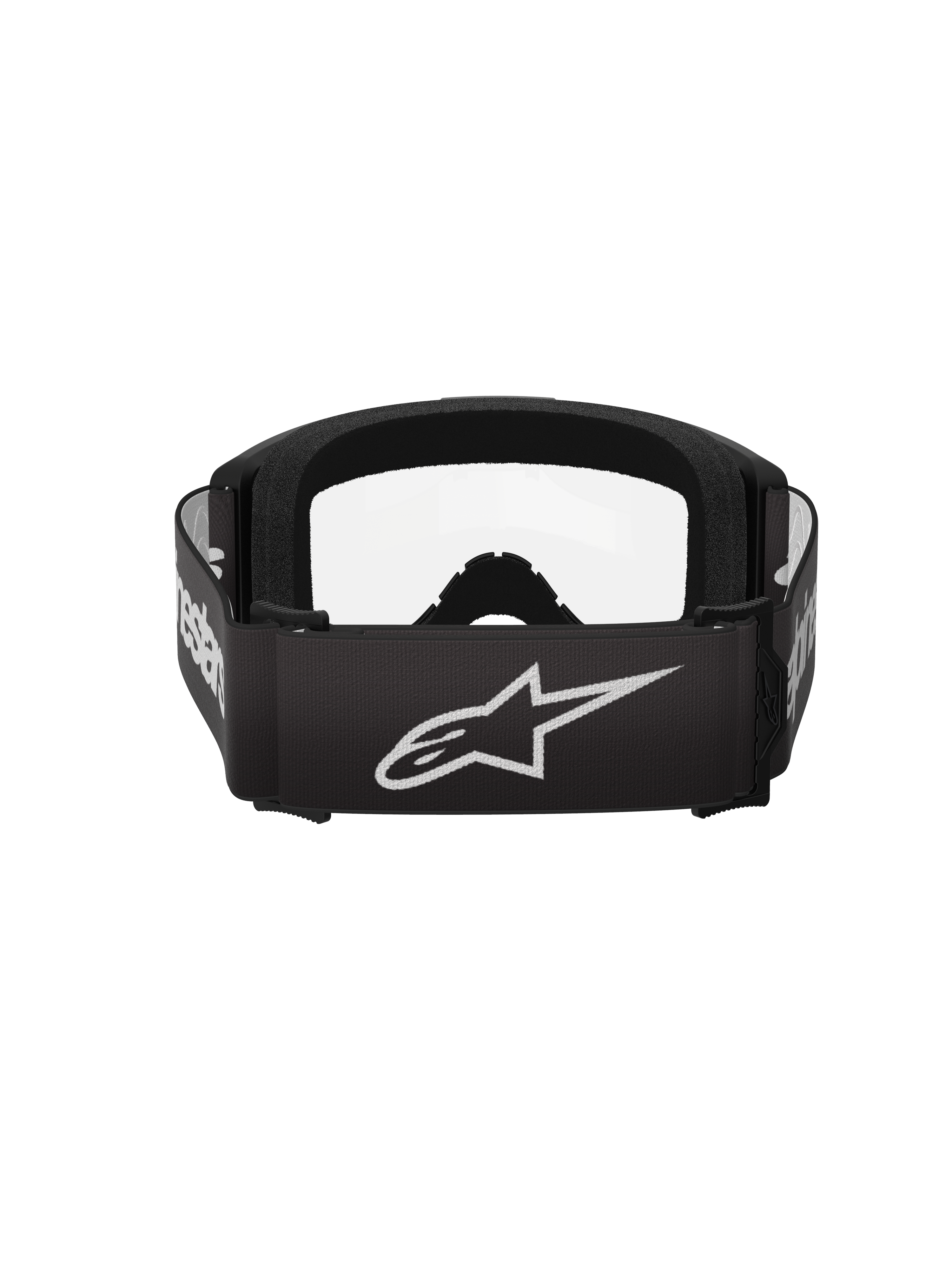 Alpinestars Vision 3 Wordmark Goggles, Motocross-Brille, Schwarz und Klar, Rückansicht mit breitem schwarzem Band, weißem Alpinestars Stern-Logo und Schriftzug, dickem schwarzem Gesichtsschaum und klarer Scheibe.