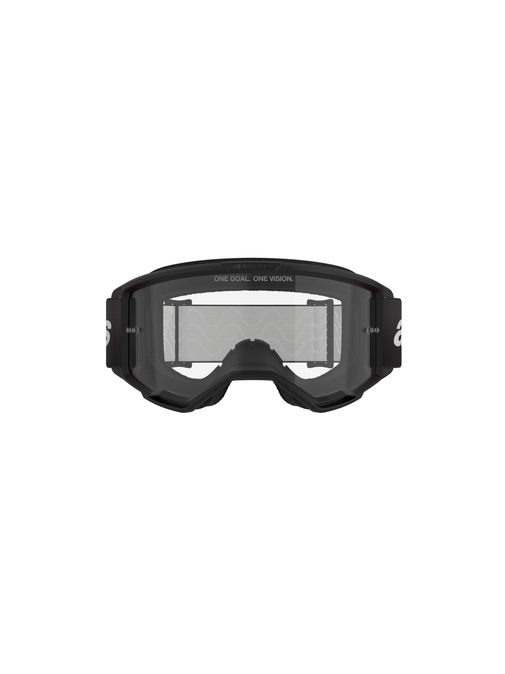 Alpinestars Vision 3 Wordmark Brille, Motocross-Brille, Schwarz und Klar, Vorderansicht mit klarer Antibeschlag-Linse, A-FLEX-Rahmen, schwarzem Brillenband mit weißem Alpinestars-Logo und „ONE GOAL. ONE VISION.“ Slogan-Detail.