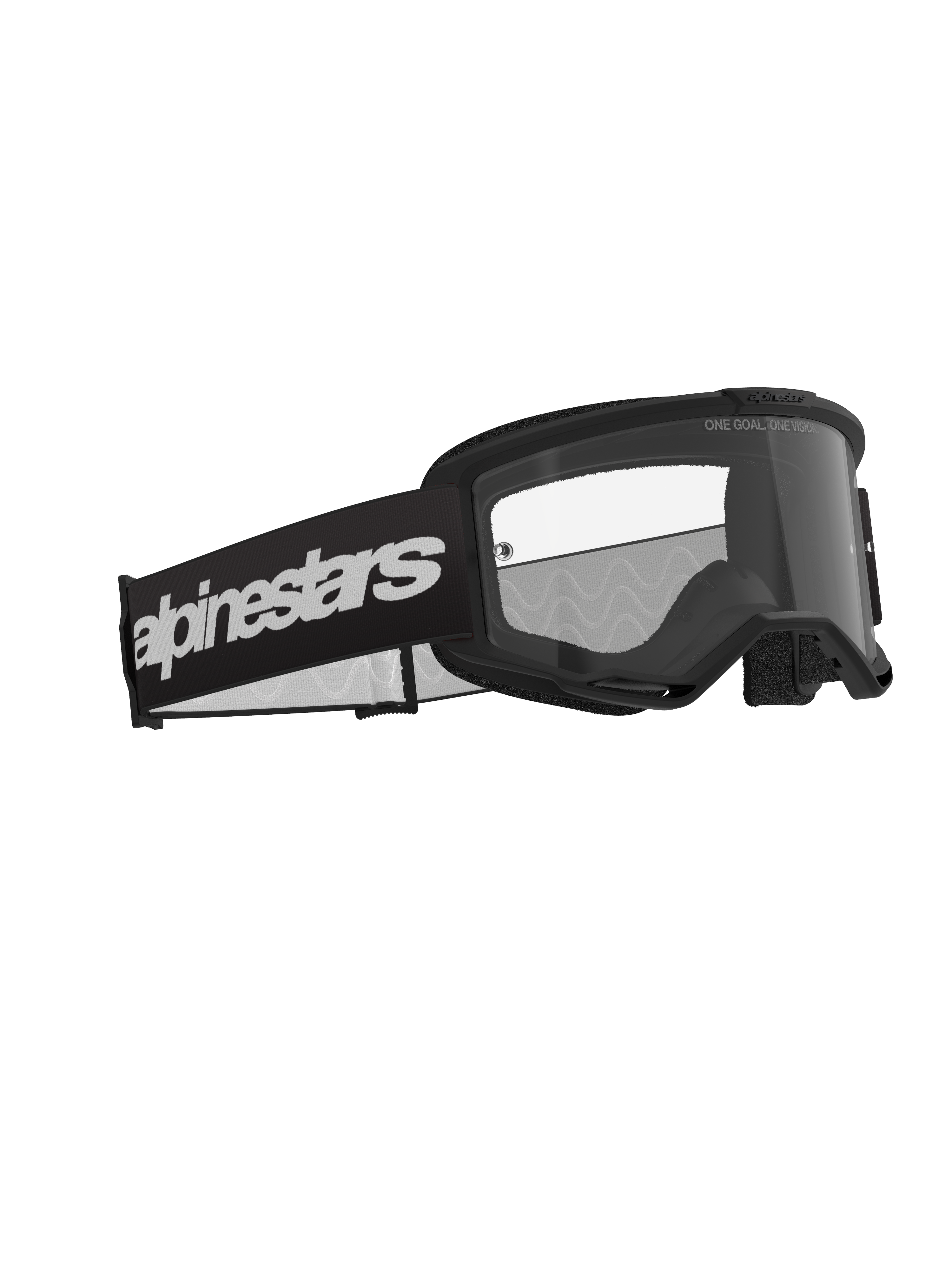 Alpinestars Vision 3 Wordmark Brille, Motocross-Brille, Schwarz und Klar, mit breitem schwarzem Band und markantem weißem Wortmarken-Logo, klare Antibeschlag-Scheibe mit „ONE GOAL. ONE VISION.“-Schriftzug, schlankes Performance-Design für den Offroad-Rennsport