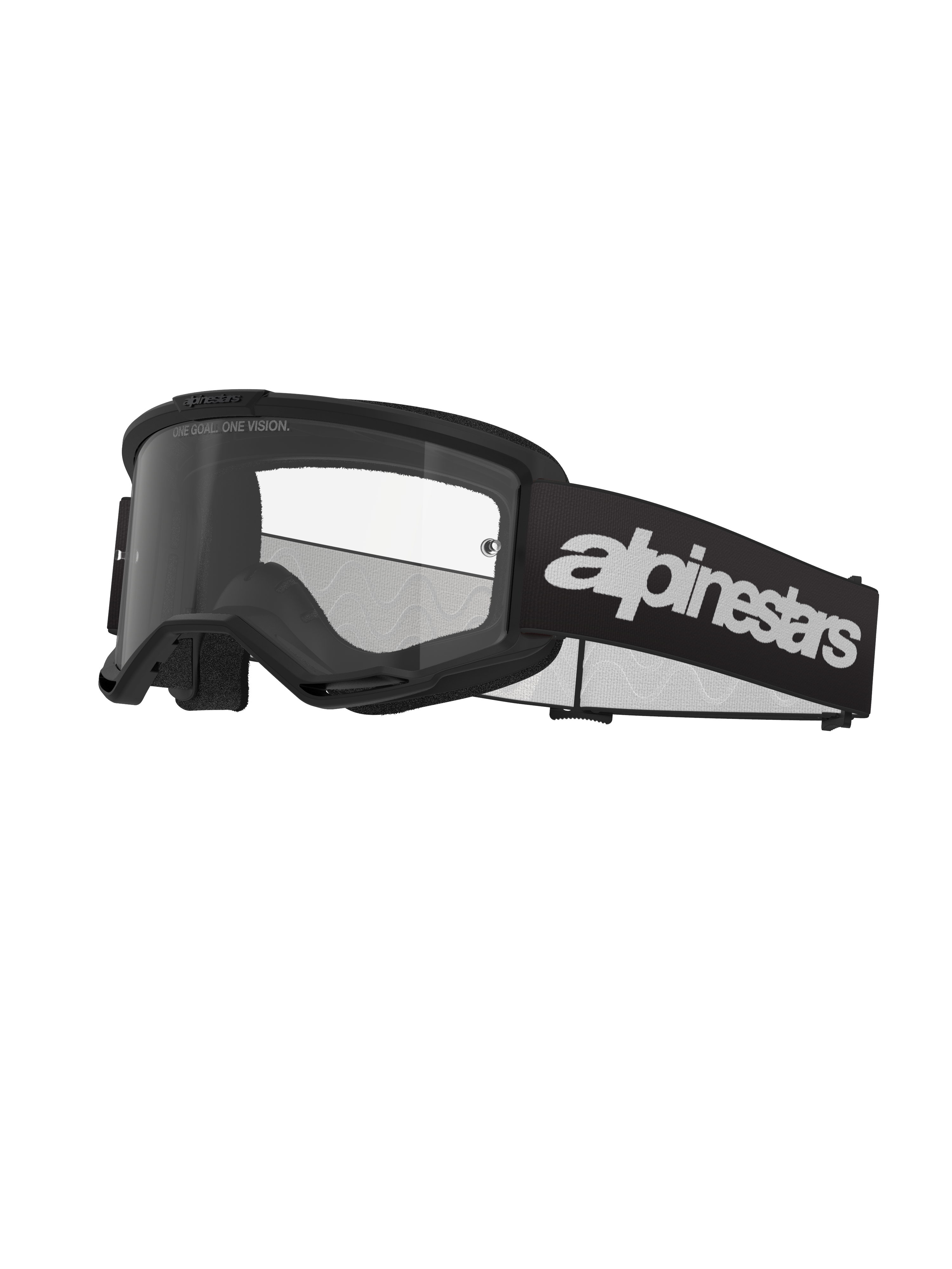 Alpinestars Vision 3 Wordmark Goggles, Motocross Goggles, Black and Clear, featuring bold white Alpinestars branding on the strap, a clear lens with 'ONE GOAL. ONE VISION.' text, and a sleek minimalistic frame design.