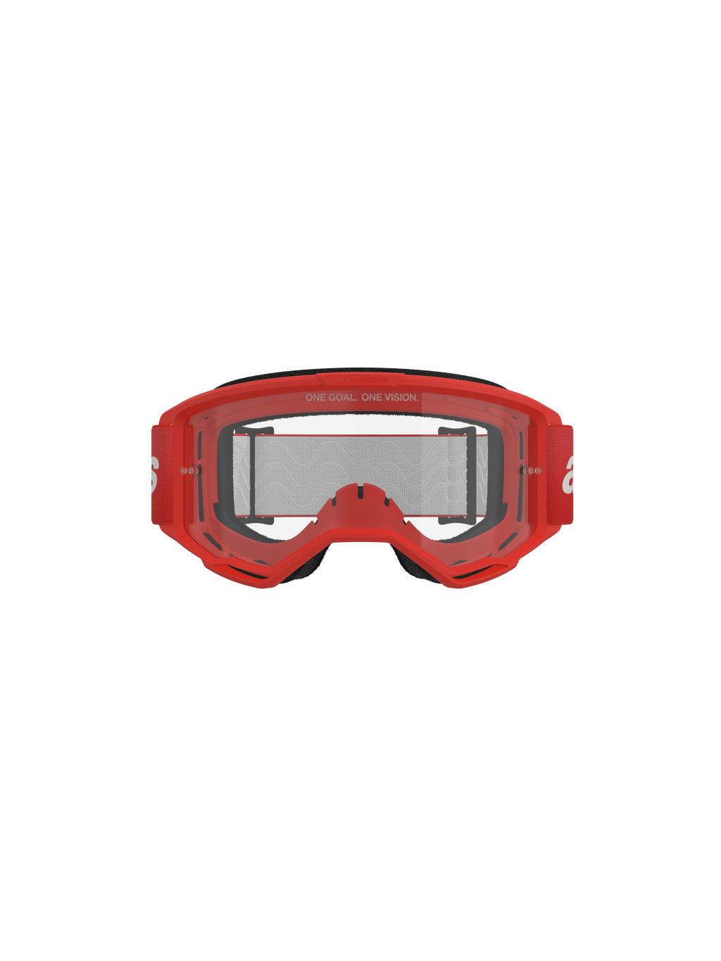 Alpinestars Vision 3 Wordmark Goggles, Motocross Goggles, Red frame and clear lens, red woven strap with white branding, 'ONE GOAL. ONE VISION.' text on the lens, front-facing studio shot on black background