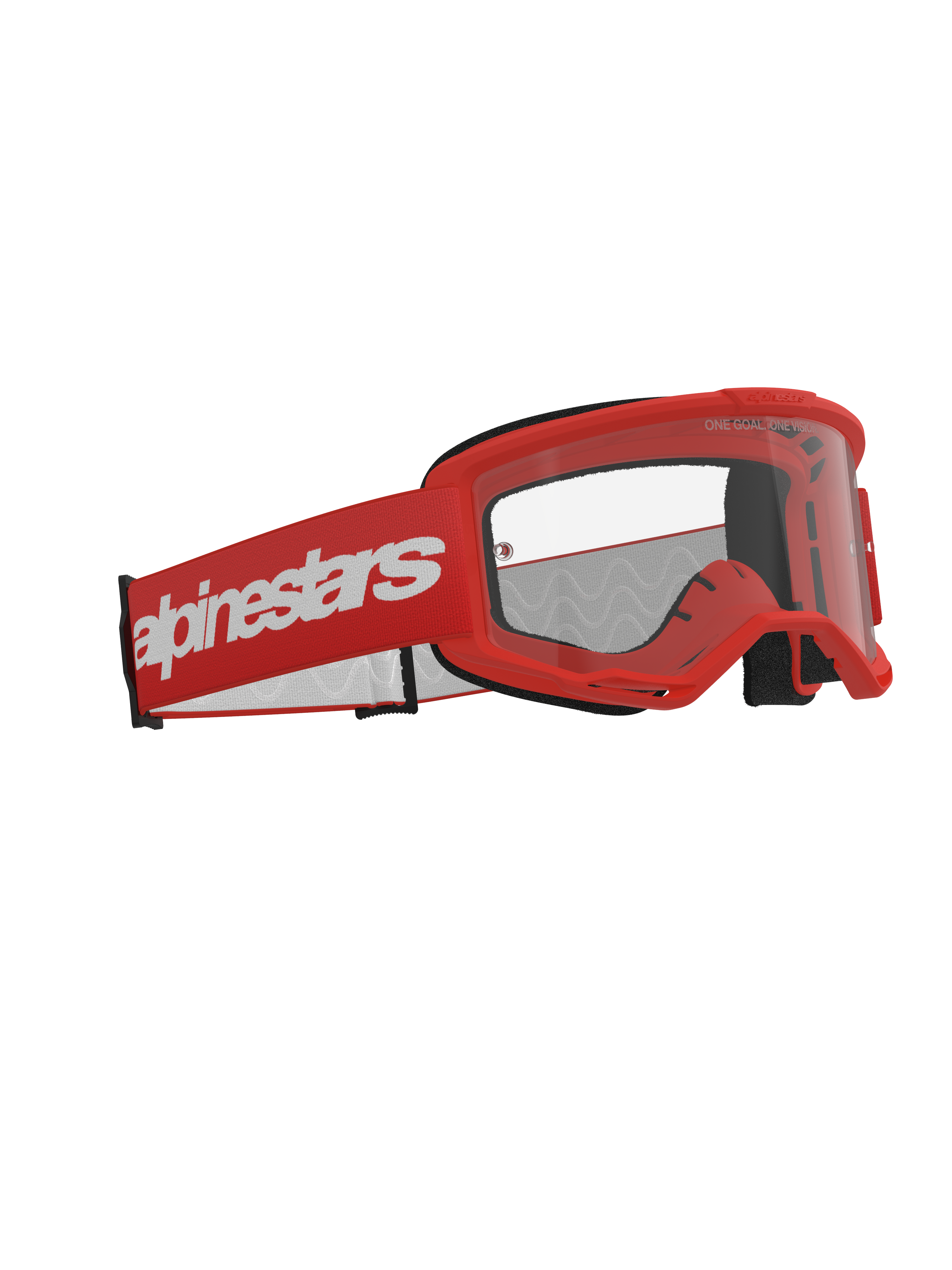 Alpinestars Vision 3 Wordmark Goggles, Motocross Goggles, Red with Clear Lens, featuring a red frame and wide red strap with white Alpinestars branding, professional off-road racing eyewear