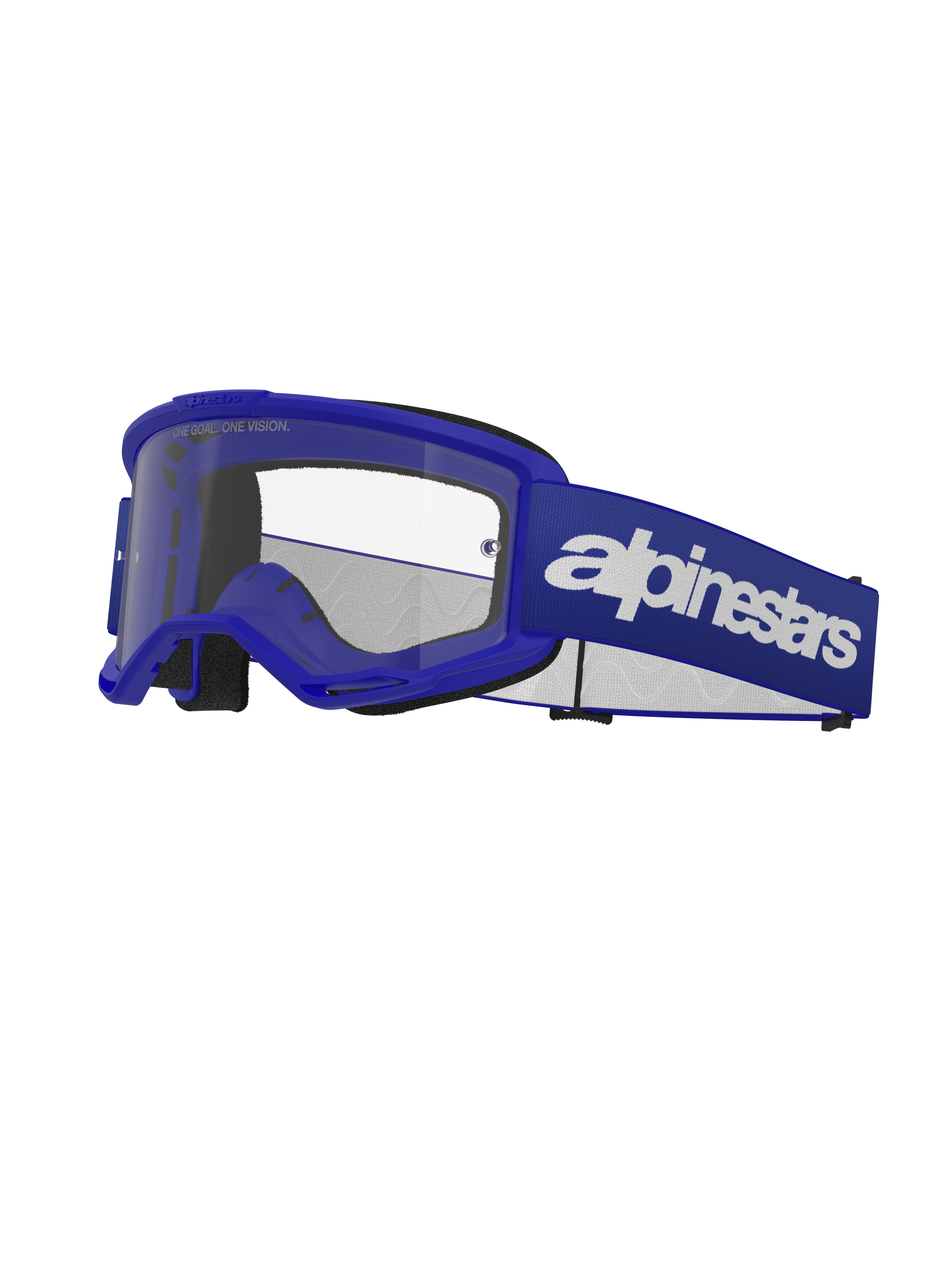 Alpinestars Vision 3 Wordmark Goggles, Motocross-Brille, Blau und Weiß, klares Glas, schwarze Schaumstoffpolsterung, verstellbares blaues elastisches Band mit weißem Wordmark-Logo, belüfteter Rahmen
