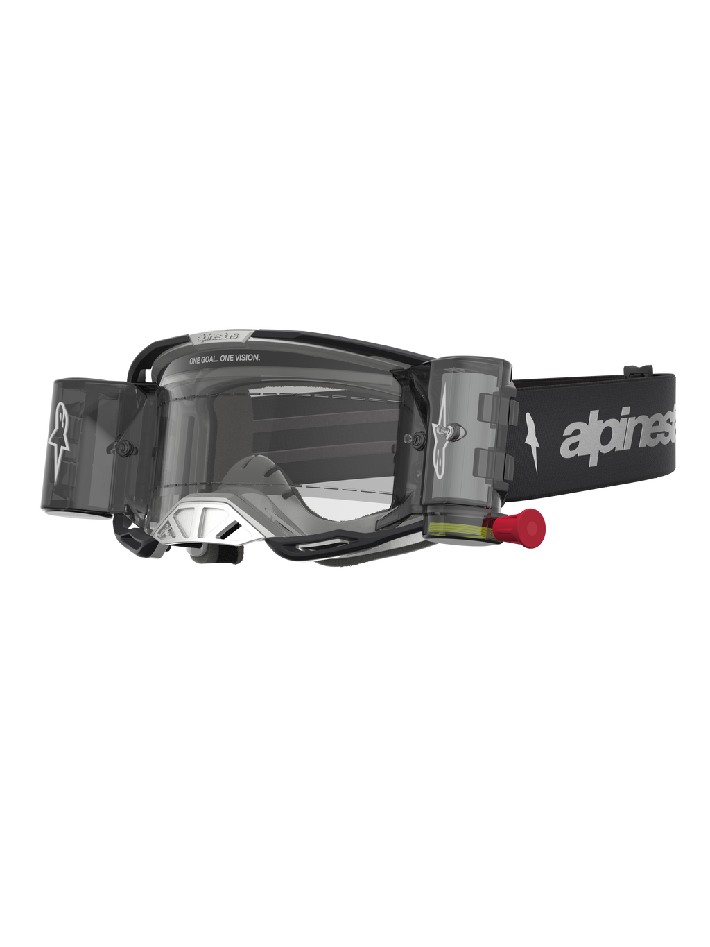 Alpinestars Vision 8 Amber Roll-Off Schutzbrille, Motocross-Brille in Schwarz und Silber mit klarem Roll-Off-System.