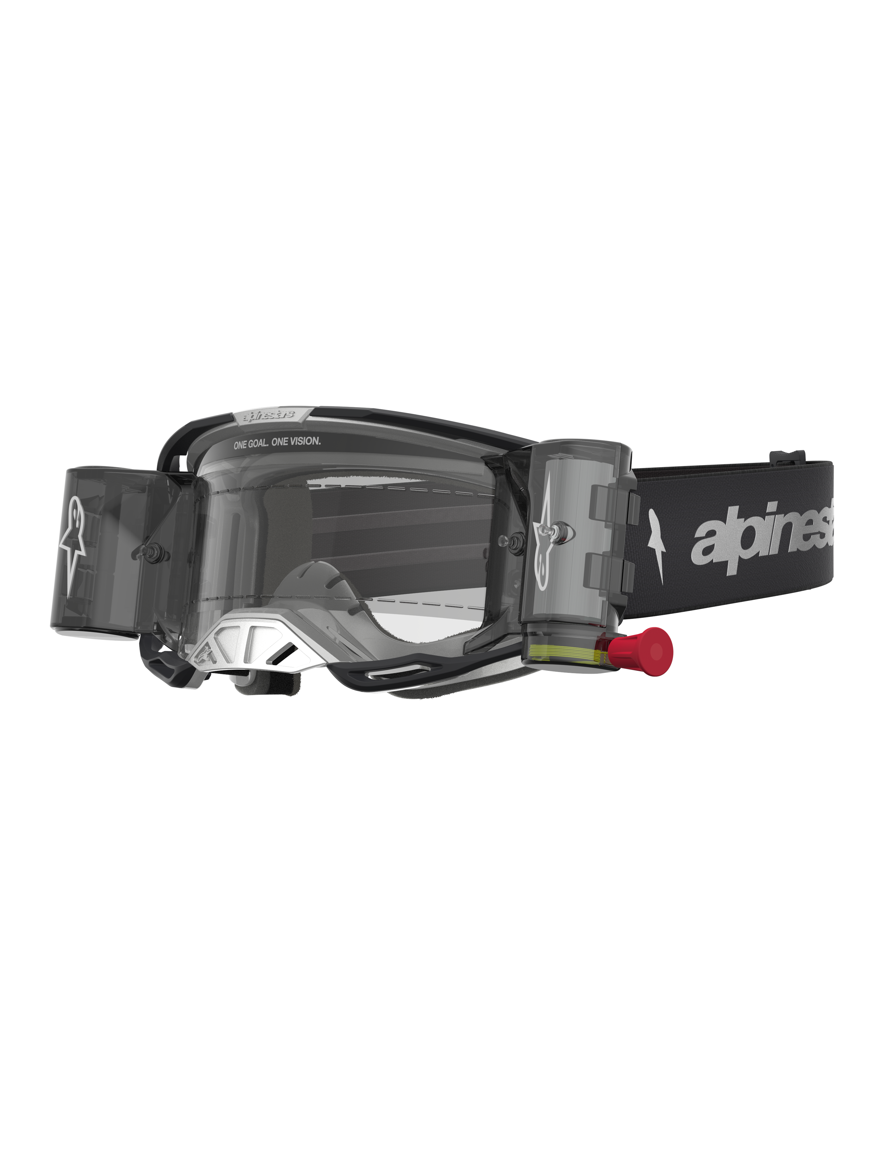Alpinestars Vision 8 Amber Roll Off Goggles, motocross eyewear in black and silver with a clear roll-off lens system.