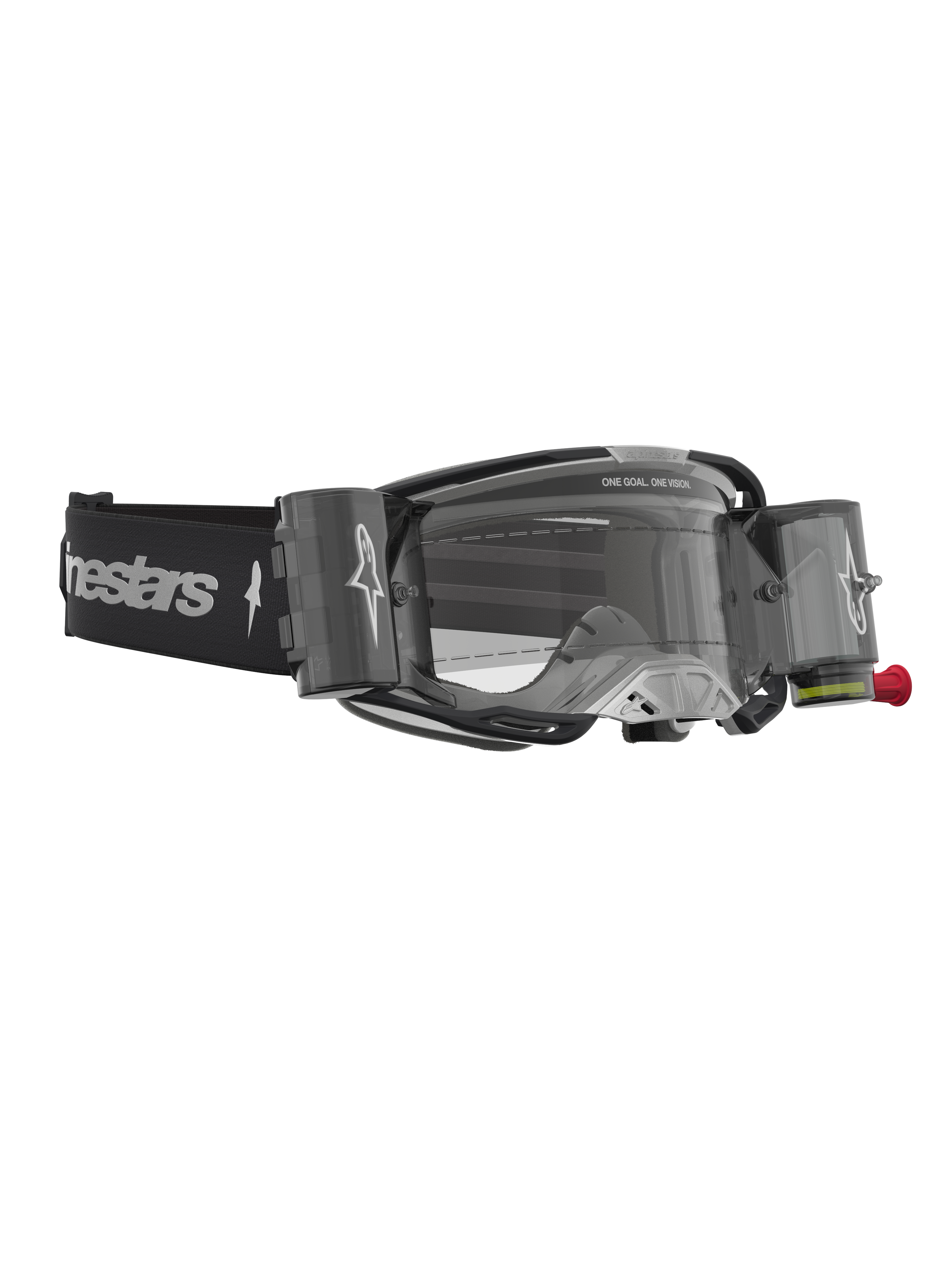 Alpinestars Vision 8 Amber Roll-Off Motocross-Schutzbrille in Schwarz und Silber mit Roll-Off-System und klarer Scheibe.