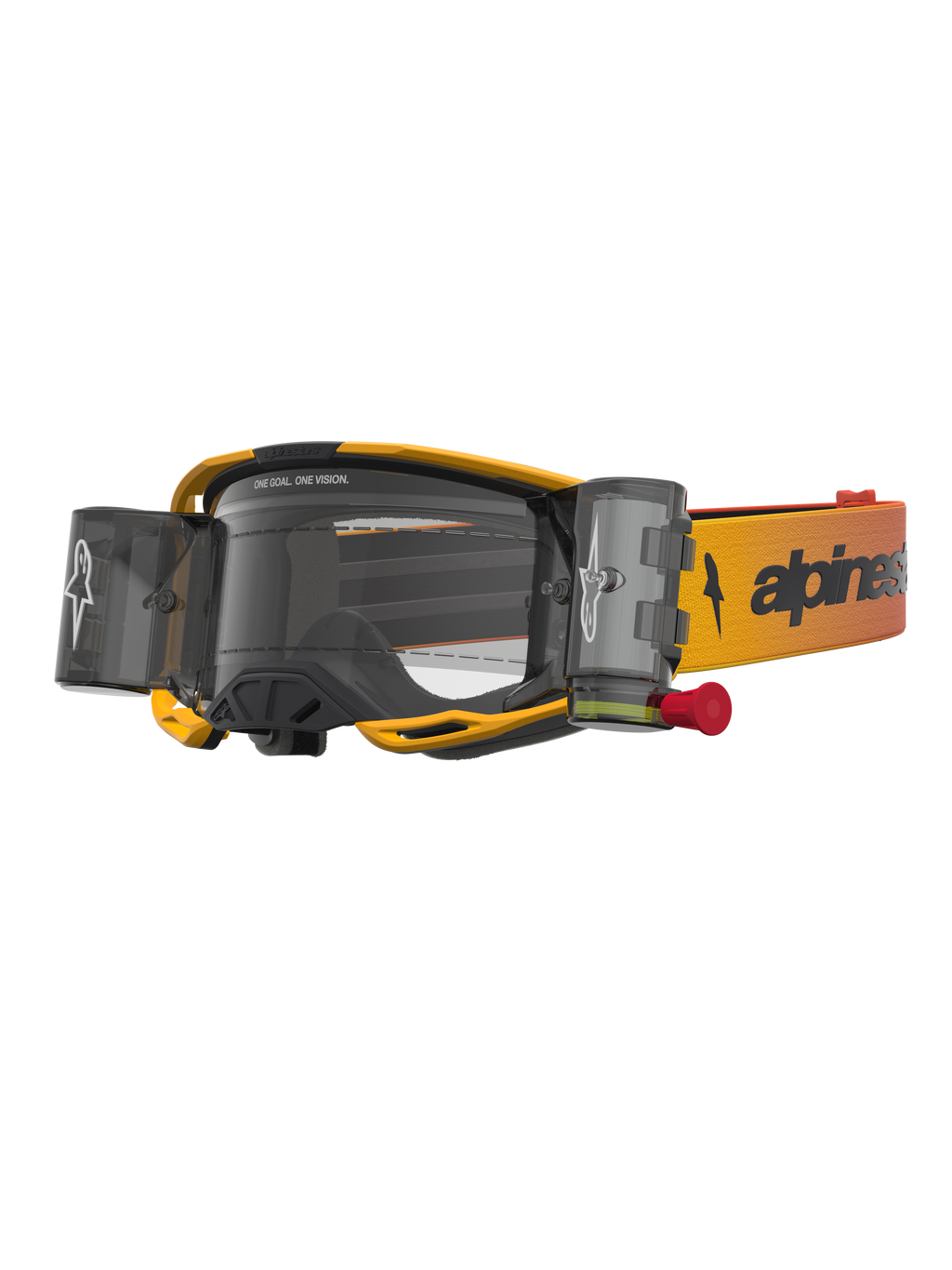Alpinestars Vision 8 Amber Roll-Off Schutzbrille, gelb-schwarze Motocross-Brille mit klarer Scheibe und Roll-Off-System.