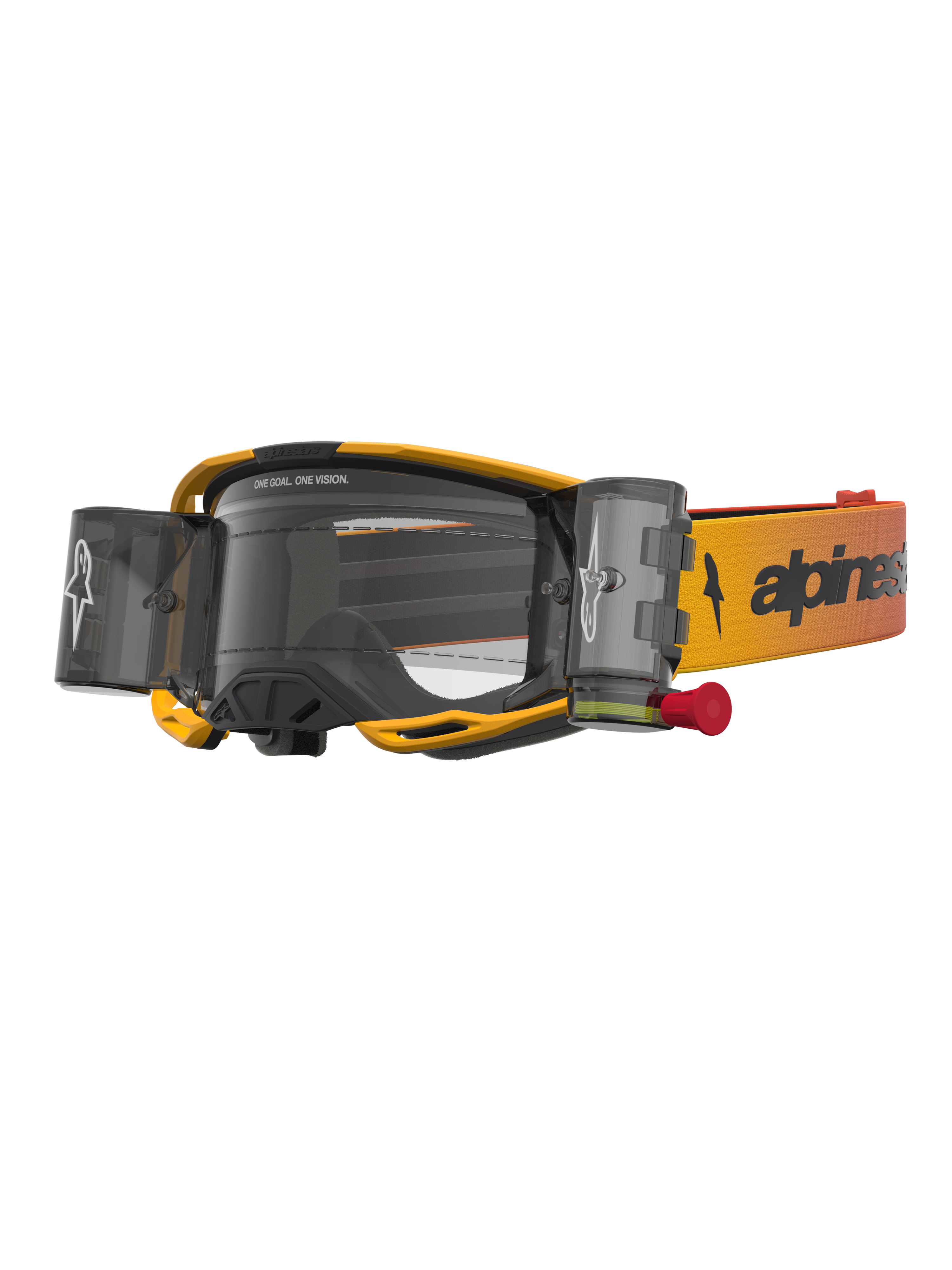 Alpinestars Vision 8 Amber Roll-Off Schutzbrille, gelb-schwarze Motocross-Brille mit klarer Scheibe und Roll-Off-System.