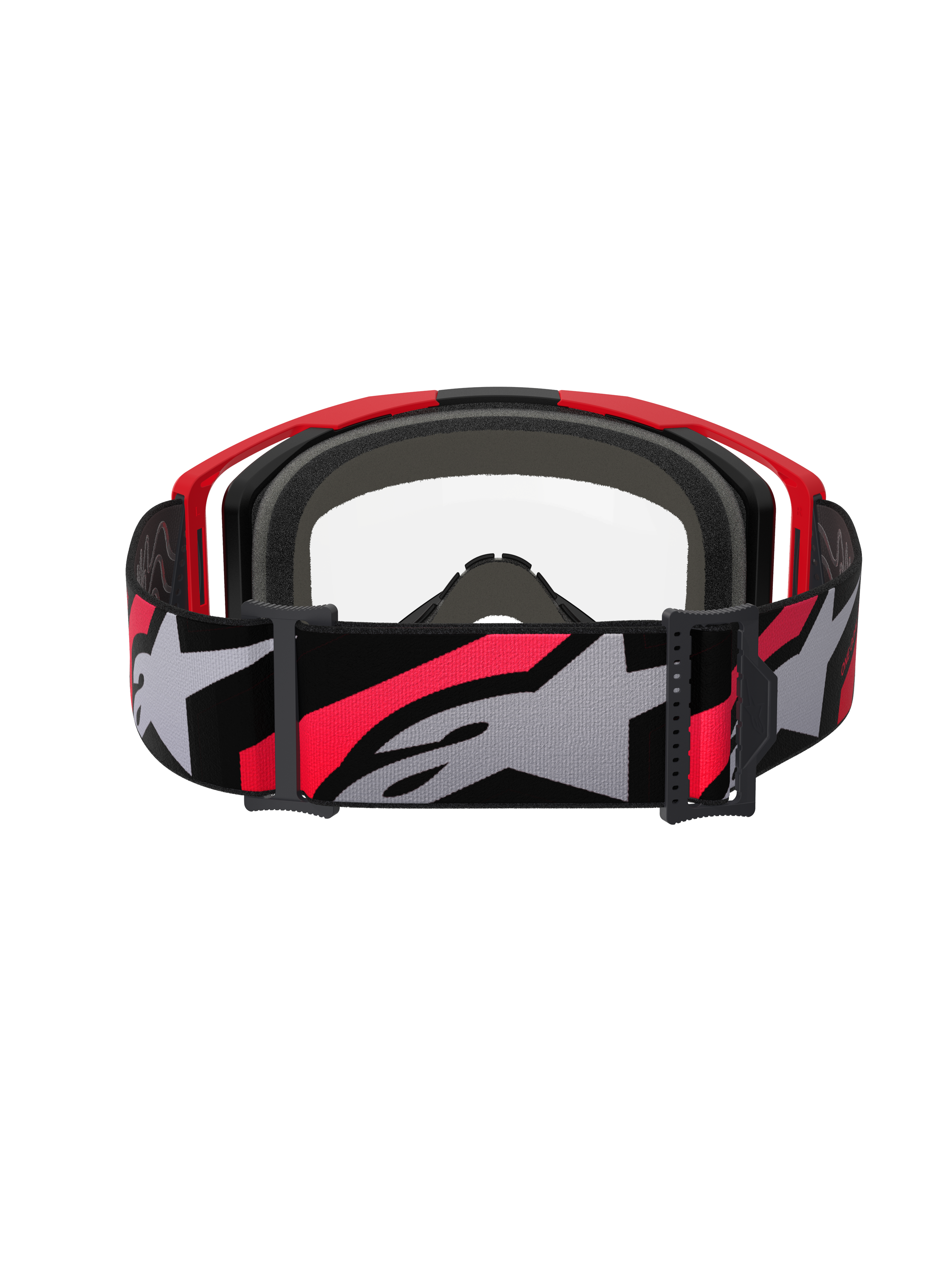 Alpinestars Vision 8 Luar Goggles, Motocross-Brille, Rot, Schwarz und Klar, Rückansicht mit breitem, gewebtem Band und markantem Stern-Logo, mehrschichtigem Gesichtsschaum und leichtem A-FLEX-Rahmendesign