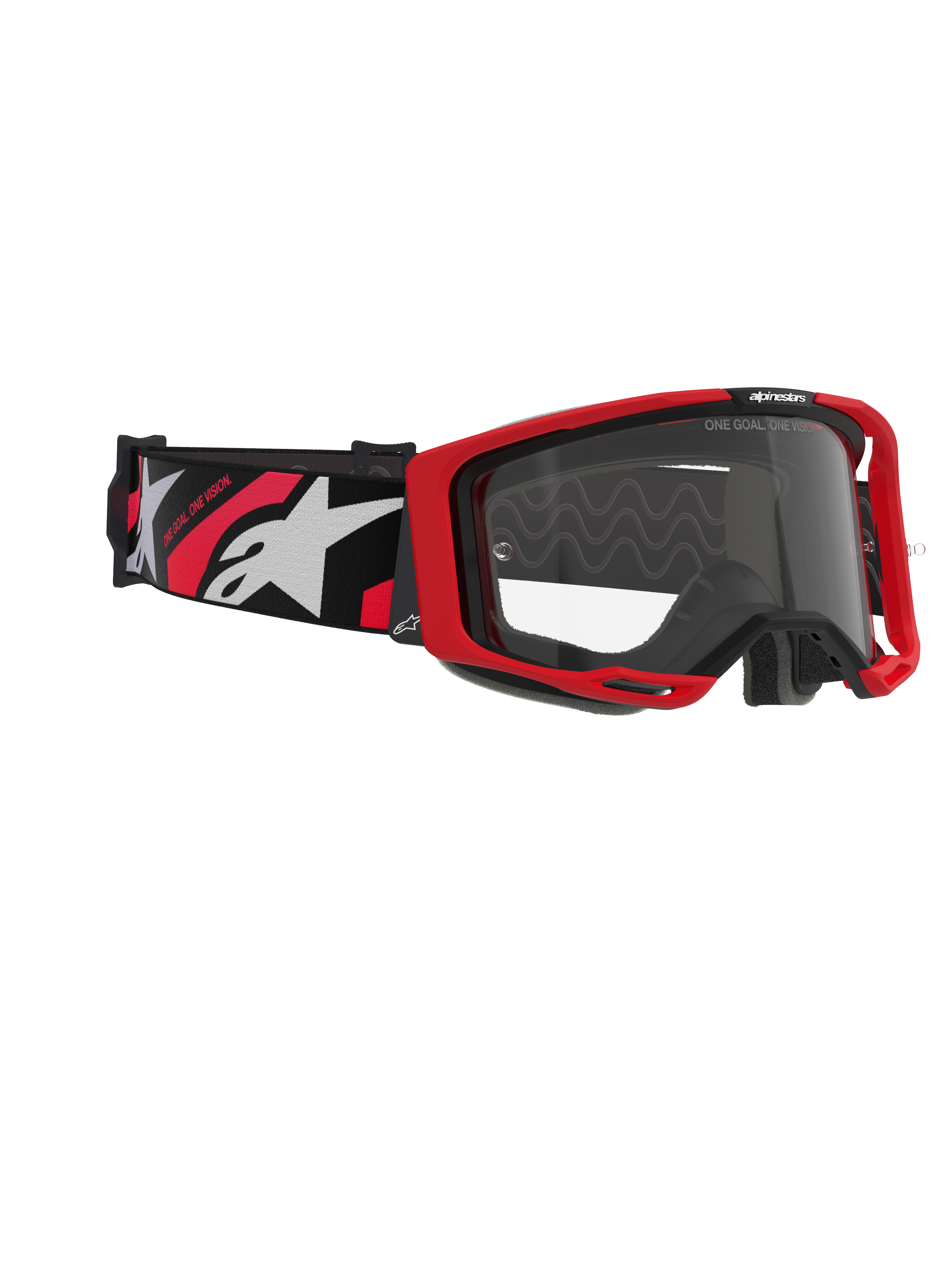 Alpinestars Vision 8 Luar Goggles, Motocross-Brille, Rot, Schwarz und Klar, mit rotem Rahmen, klarer Anti-Beschlag-Scheibe und schwarzem Band mit weißen und roten Logos, professioneller Augenschutz für den Offroad-Rennsport