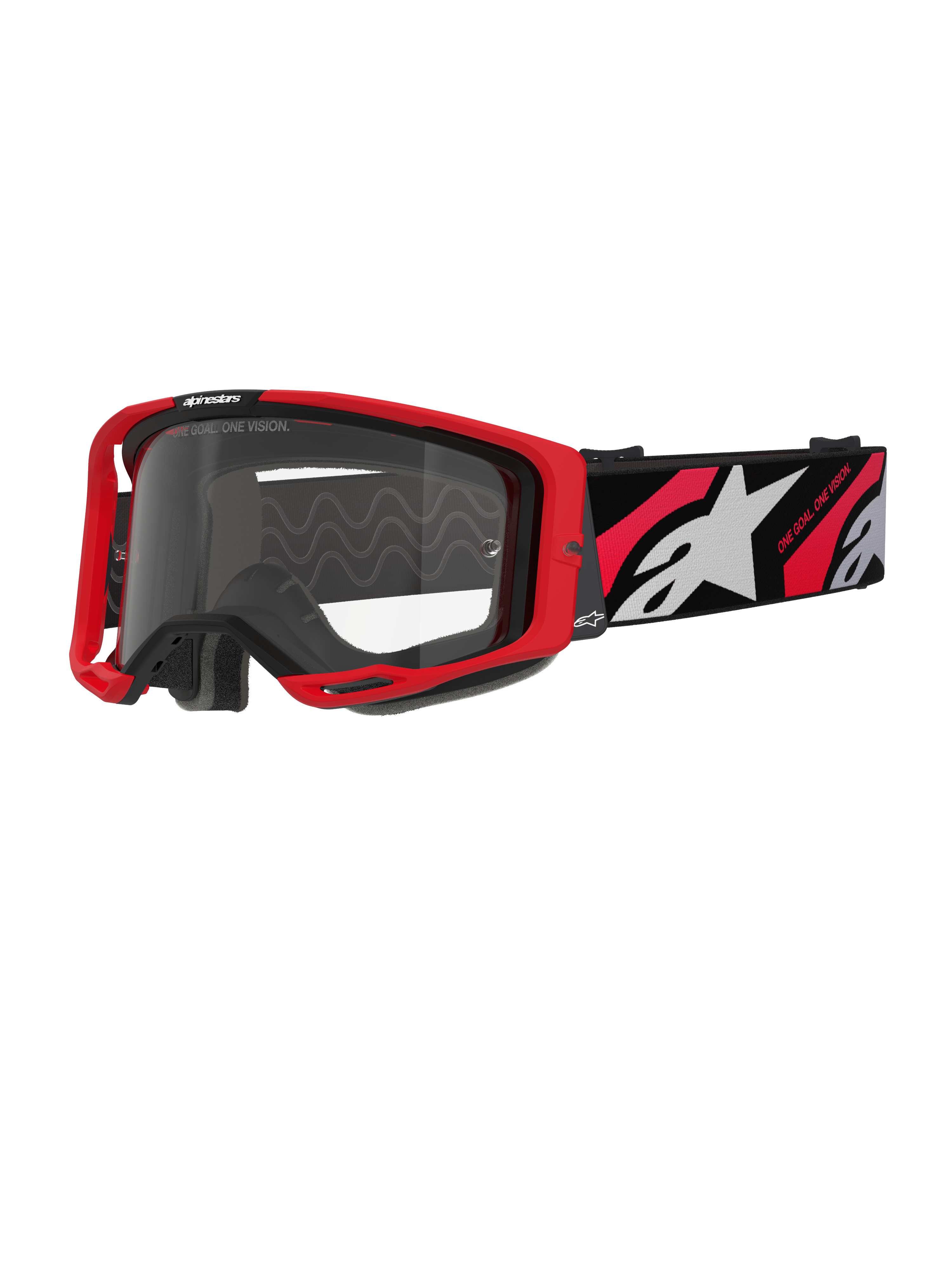 Alpinestars Vision 8 Luar Goggles, Motocross-Brille, Rot und Schwarz mit klarer Linse, mit rotem A-FLEX-Rahmen, klarer Anti-Beschlag-Linse und schwarzem gewebtem Band mit rot-weißen Grafiken und Alpinestars-Branding