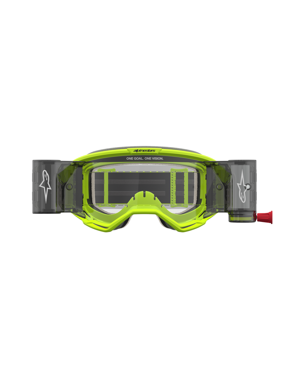 Alpinestars Vision 5 Rora Roll-Off Motocross-Schutzbrille in Gelb Fluo und Schwarz mit klarem Sichtsystem.