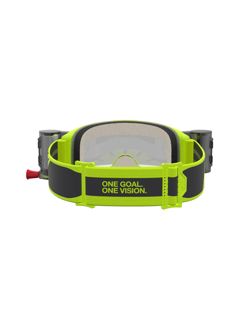Alpinestars Vision 5 Rora Roll-Off Schutzbrille, Gelb Fluo und Schwarz, Rückansicht mit Slogan und Roll-Off-Kartuschen.