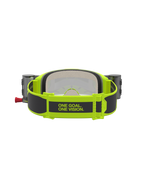 Alpinestars Vision 5 Rora Roll-Off Schutzbrille, Gelb Fluo und Schwarz, Rückansicht mit Slogan und Roll-Off-Kartuschen.