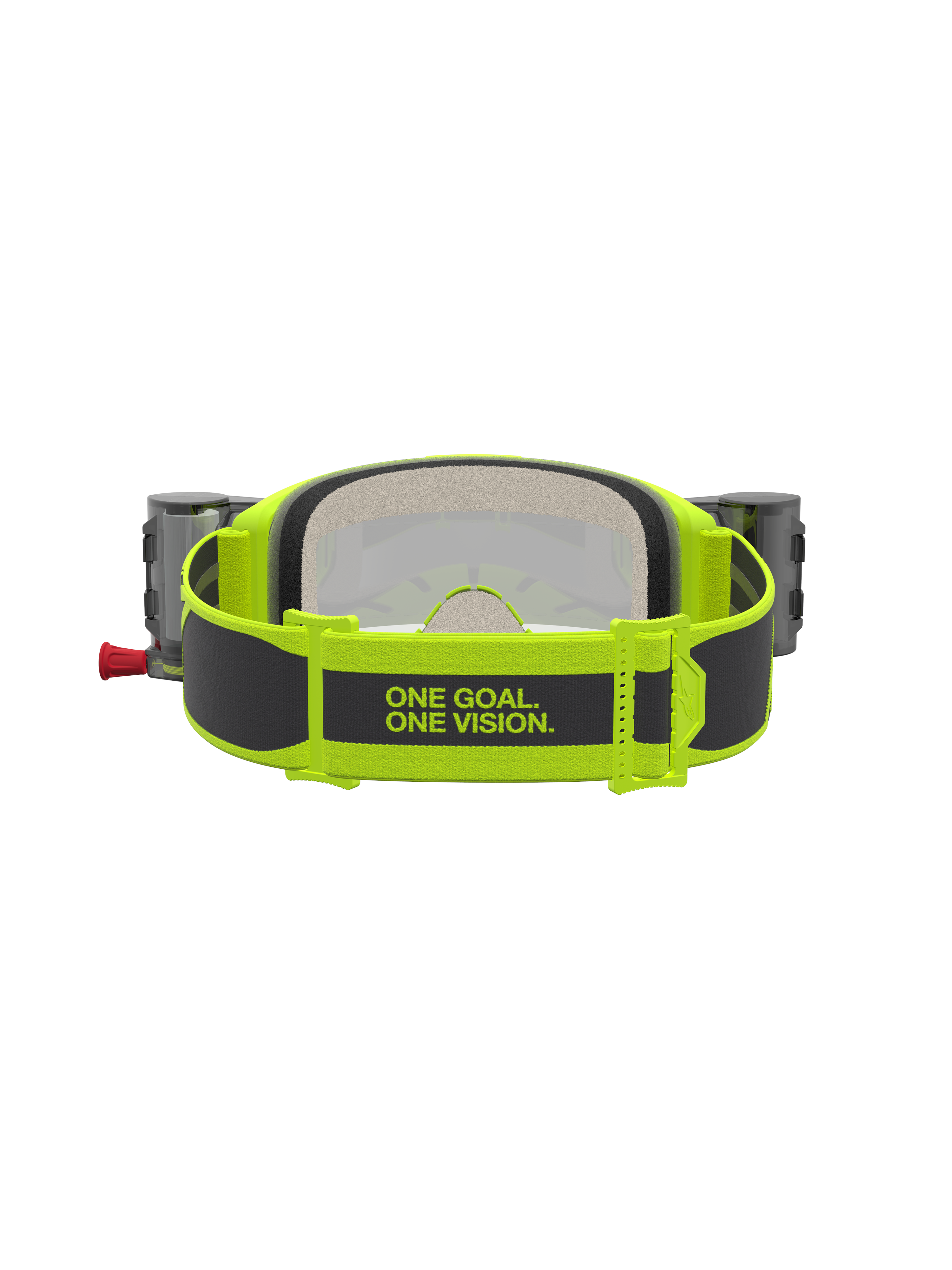 Alpinestars Vision 5 Rora Roll-Off Schutzbrille, Gelb Fluo und Schwarz, Rückansicht mit Slogan und Roll-Off-Kartuschen.