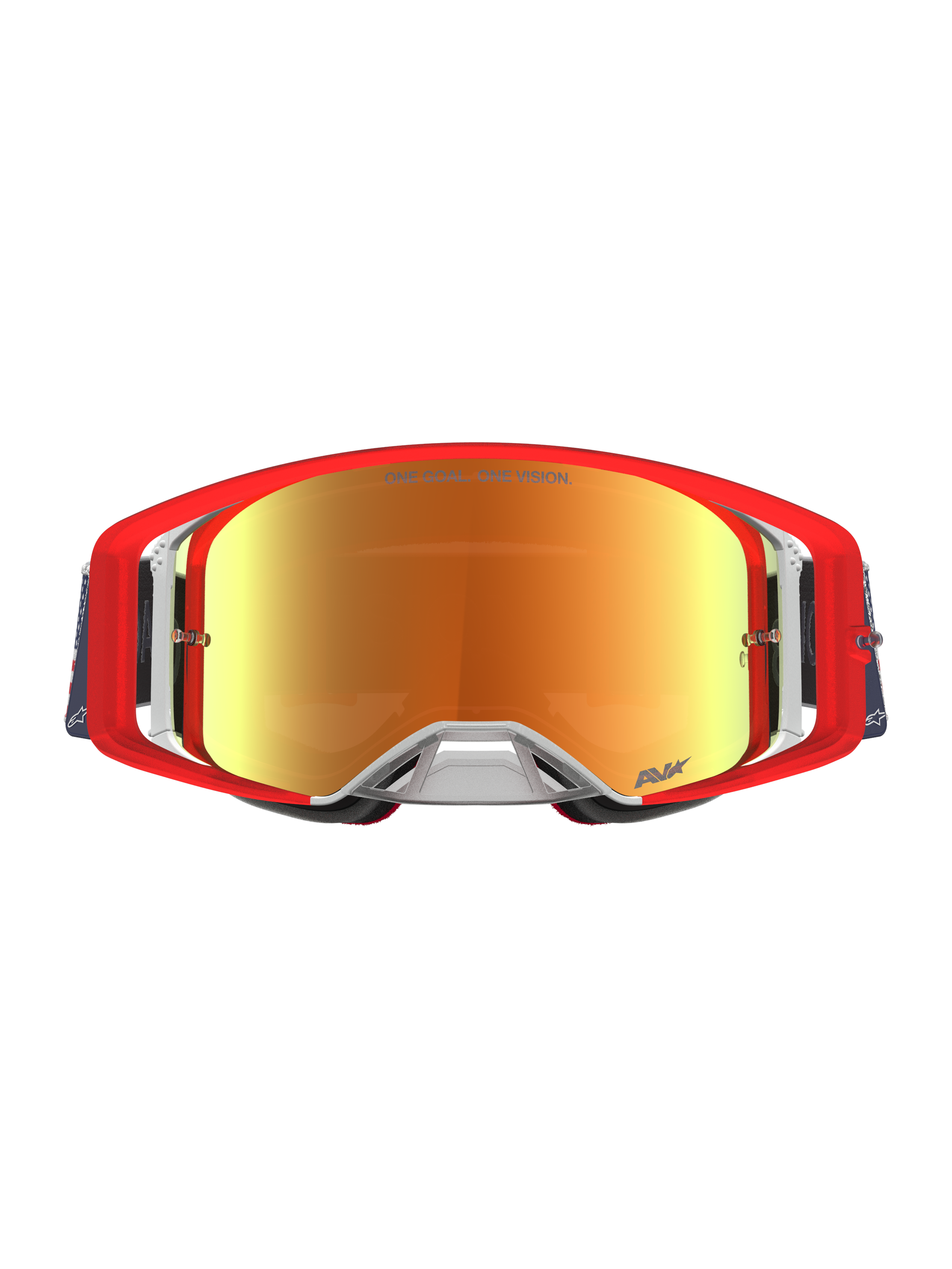 Alpinestars Limited Edition Supertech Fiftyfold Goggles, red and blue motocross eyewear with reflective mirror red lenses.