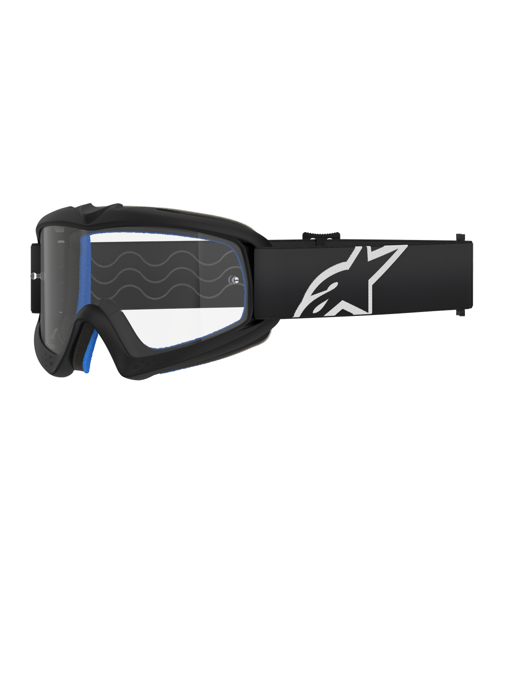 Alpinestars Vision Youth Corp Schutzbrille, Jugend-Motocross-Brille, Schwarz mit blauer Polsterung, klares Glas mit Wellenmuster, schwarzes Band mit weißem Stern-Logo, modernes Design