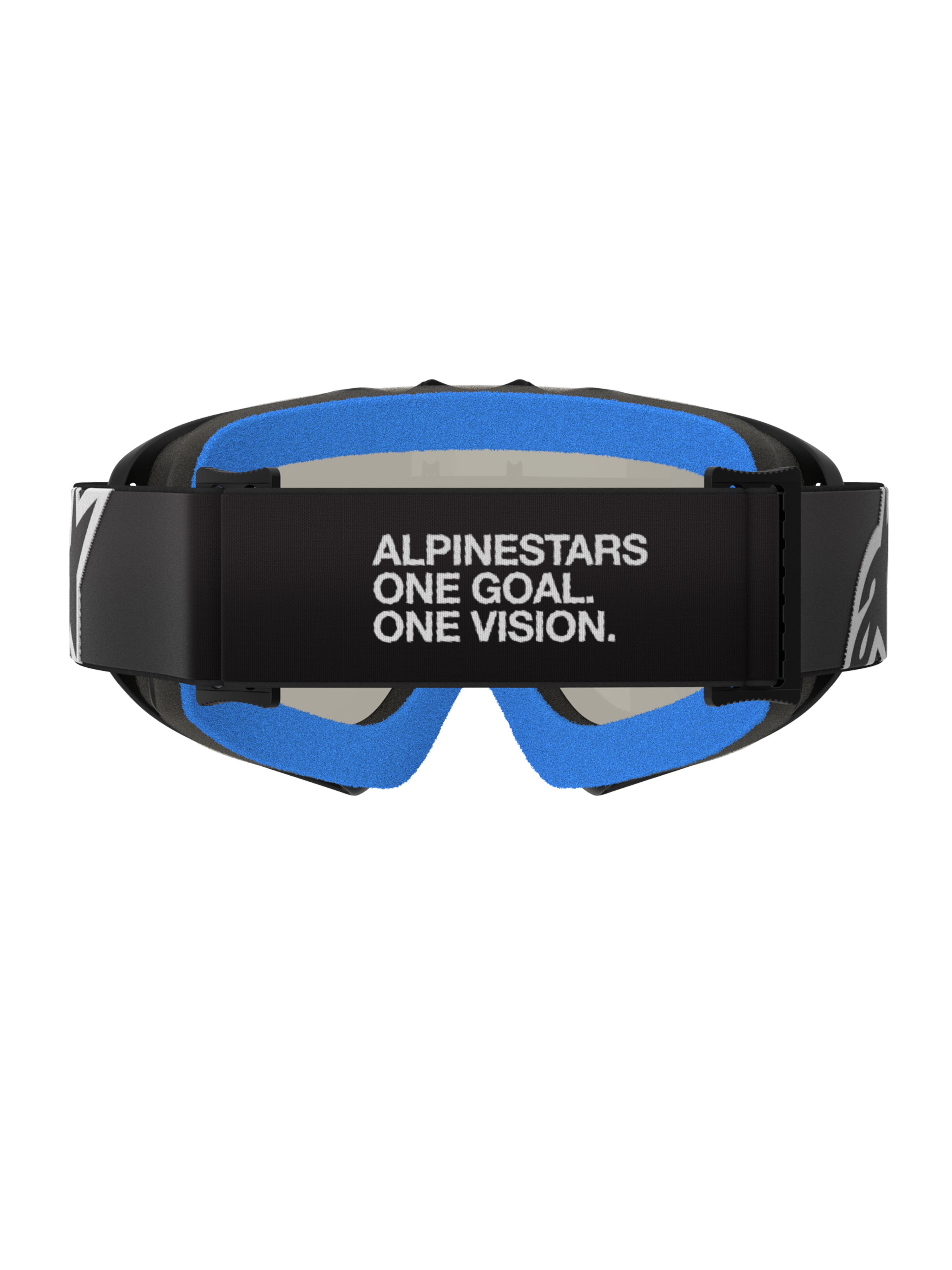 Alpinestars Vision Youth Corp Goggles, Black Mirror Silver, Motocross-Brille, Rückansicht mit schwarzem Band mit weißem Text „ALPINESTARS ONE GOAL. ONE VISION.“, leuchtend blauem Plüsch-Gesichtsschaum und schwarzem A-FLEX-Rahmen.