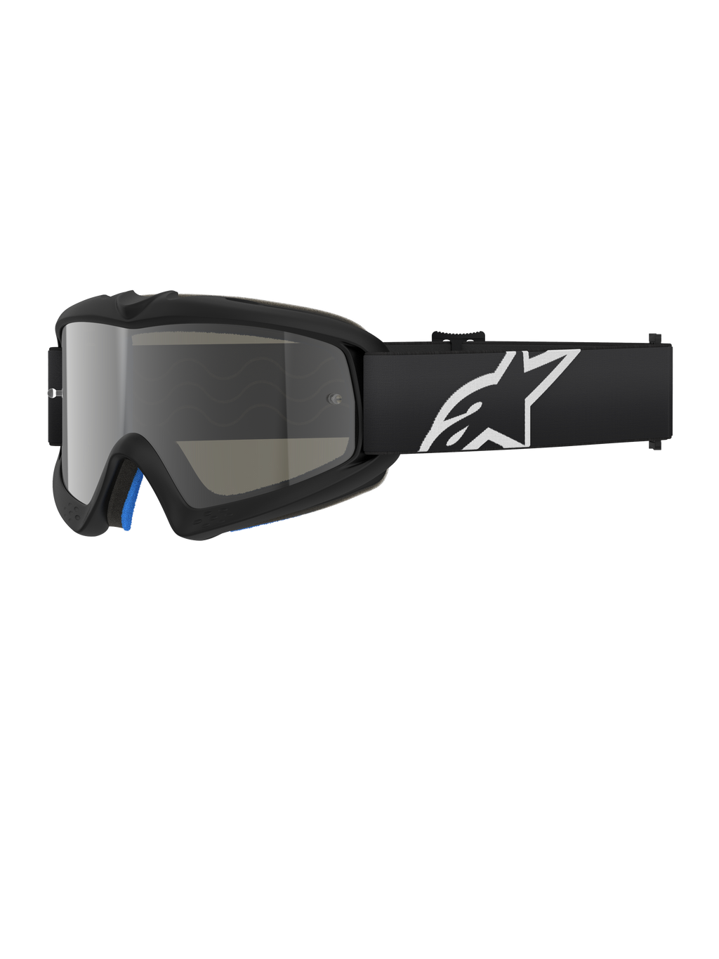 Alpinestars Vision Youth Corp Brille, schwarze Motocross-Brille mit silber verspiegelter Linse, Jugendgröße, verstellbares schwarzes Band mit weißem Stern-Logo, blaue Schaumstoffpolsterung innen, entwickelt für Offroad-Motorradsport