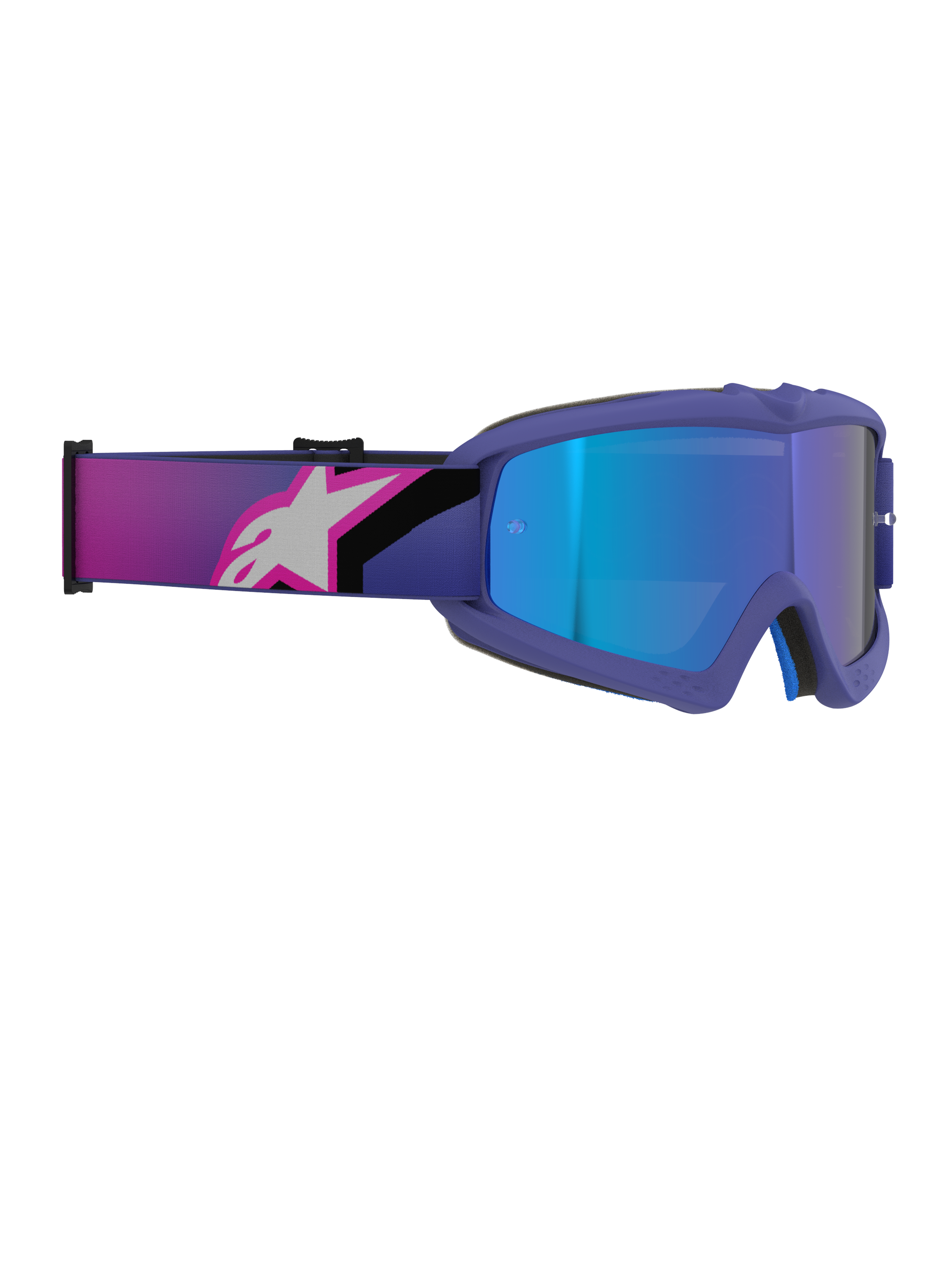 Alpinestars Vision Youth Corp Goggles, Motocross Goggles, Purple and Fluo Pink frame with Mirror Blue lens, wide elastic strap featuring a pink and white Alpinestars logo, high-performance off-road eyewear for young riders