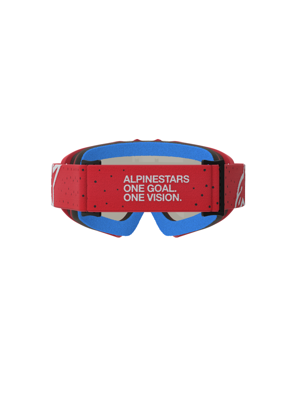 Alpinestars Vision Vesta Jugend-Schutzbrille, Rückansicht mit rotem Band, weißer Markenschriftzug, blauer Gesichtsschaum.