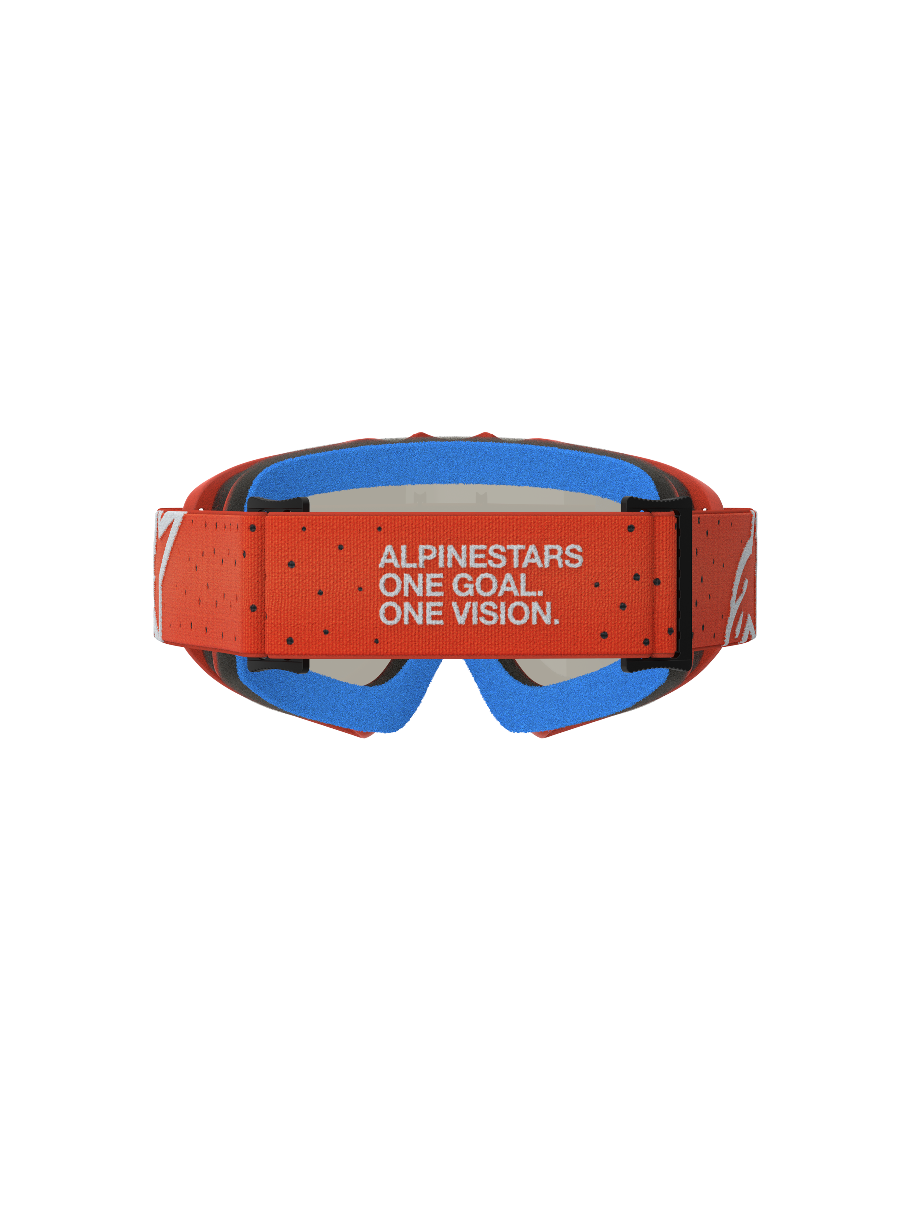 Alpinestars Vision Jugend-Schutzbrille Vesta, Motocross-Brille, Orange und Blau, mit Markenmotto auf dem Brillenband.
