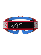 Alpinestars Vision Youth Blaze Goggles, Rot und Klar, Rückansicht mit rotem gewebtem Band, schwarzem Logo-Patch und weißem Branding, leuchtend blauer Gesichtsschaum, klare Anti-Beschlag-Scheibe, konzipiert für Jugend-Motocross-Rennsport