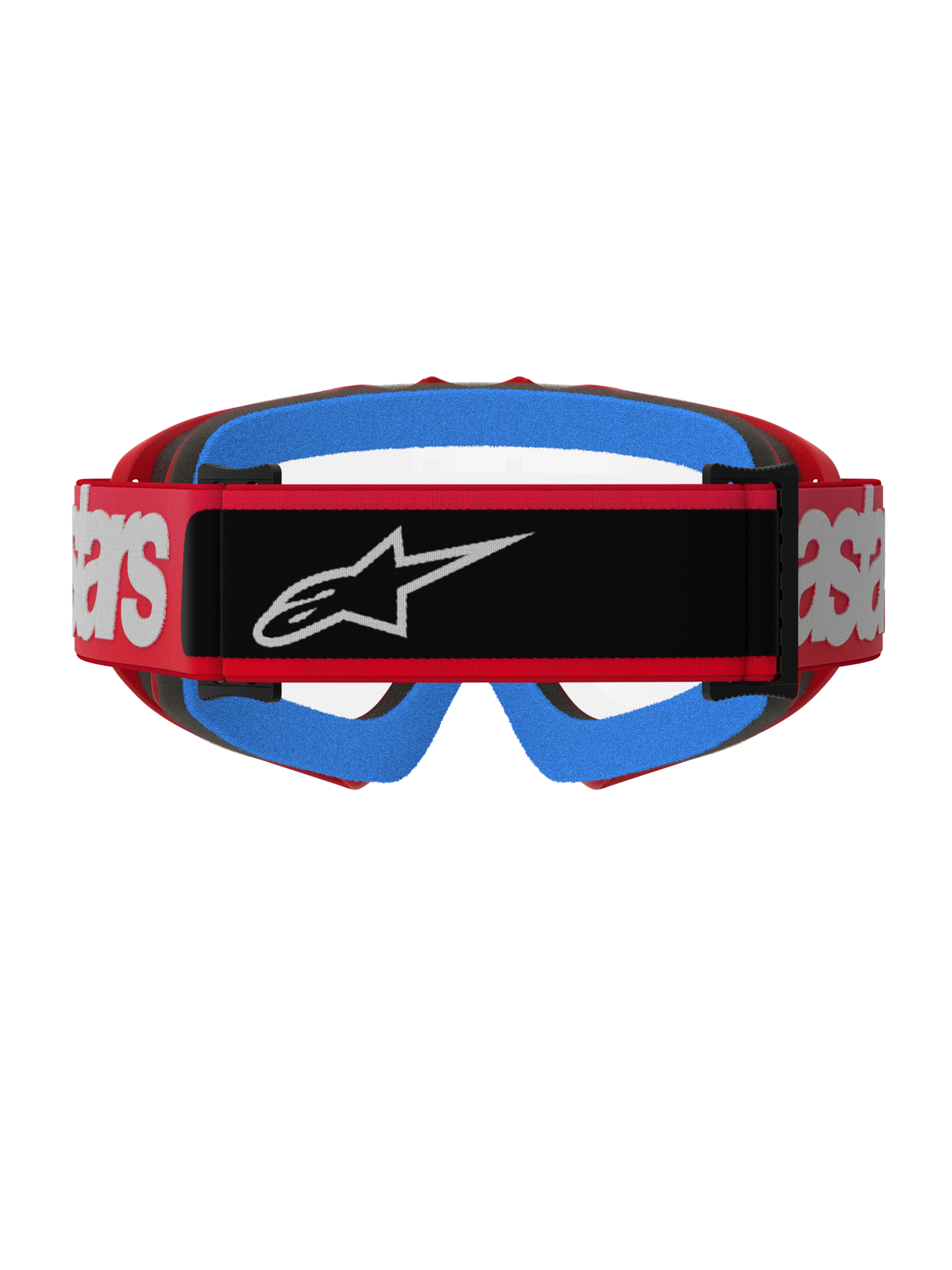 Alpinestars Vision Youth Blaze Goggles, Rot und Klar, Rückansicht mit rotem gewebtem Band, schwarzem Logo-Patch und weißem Branding, leuchtend blauer Gesichtsschaum, klare Anti-Beschlag-Scheibe, konzipiert für Jugend-Motocross-Rennsport