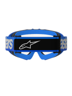 Alpinestars Vision Youth Blaze Goggles, Motocross-Brille, Blau und Transparent, Rückansicht mit breitem blauen Band, schwarzem Mittelteil und weißem Alpinestars-Logo, blau-schwarzer Schaumstoffpolsterung, klare Sicht durch die Linse