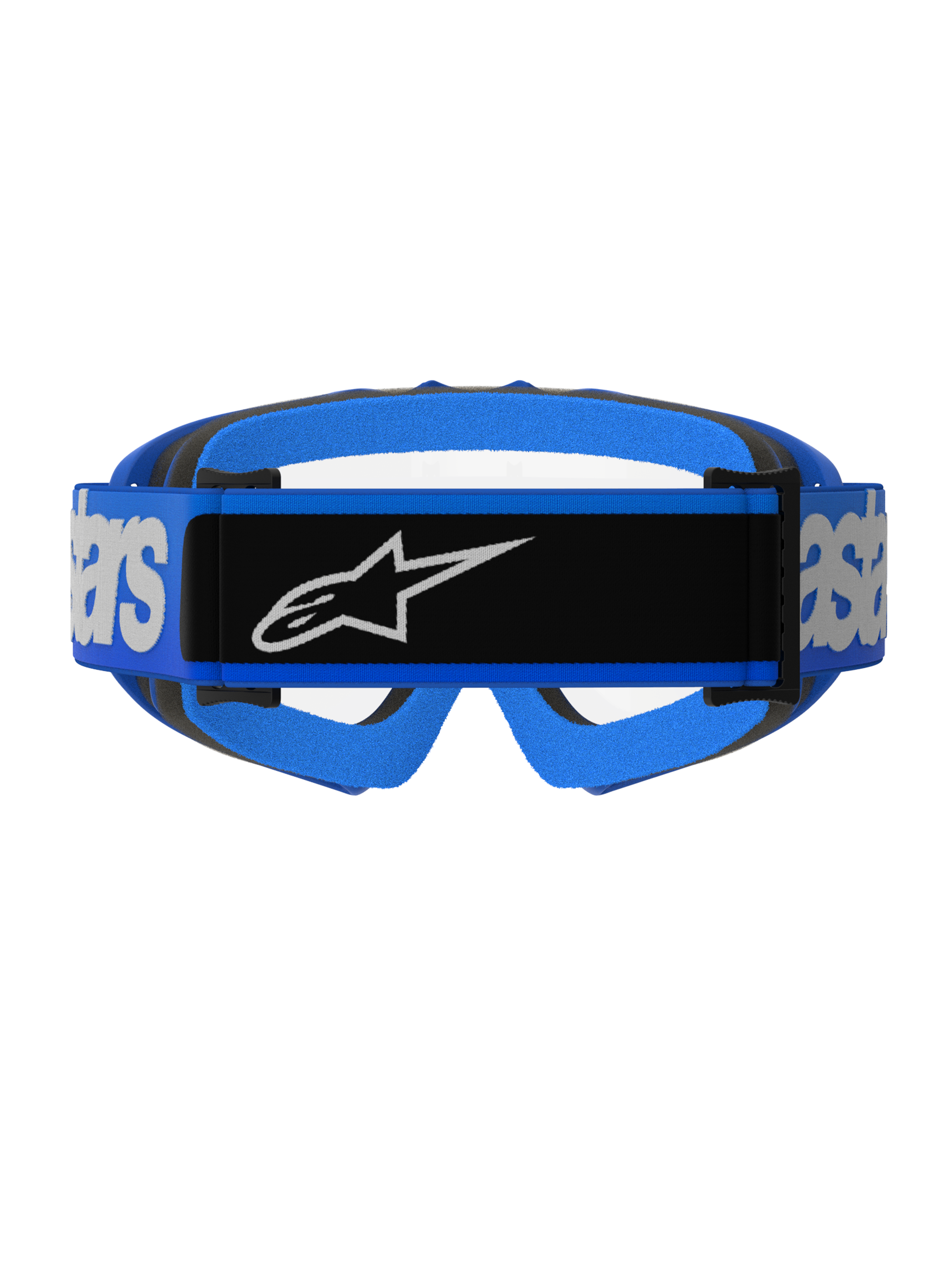 Alpinestars Vision Youth Blaze Goggles, Motocross-Brille, Blau und Transparent, Rückansicht mit breitem blauen Band, schwarzem Mittelteil und weißem Alpinestars-Logo, blau-schwarzer Schaumstoffpolsterung, klare Sicht durch die Linse