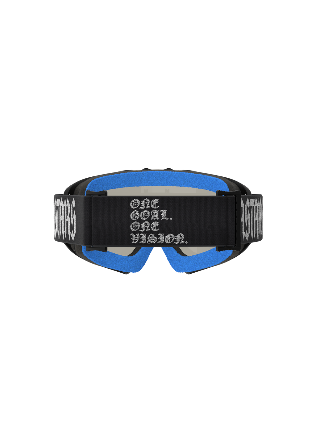 Alpinestars Vision Jugend-Schutzbrille Atrox, Schwarz und Blau, Rückansicht mit One Goal One Vision Branding auf dem Band.