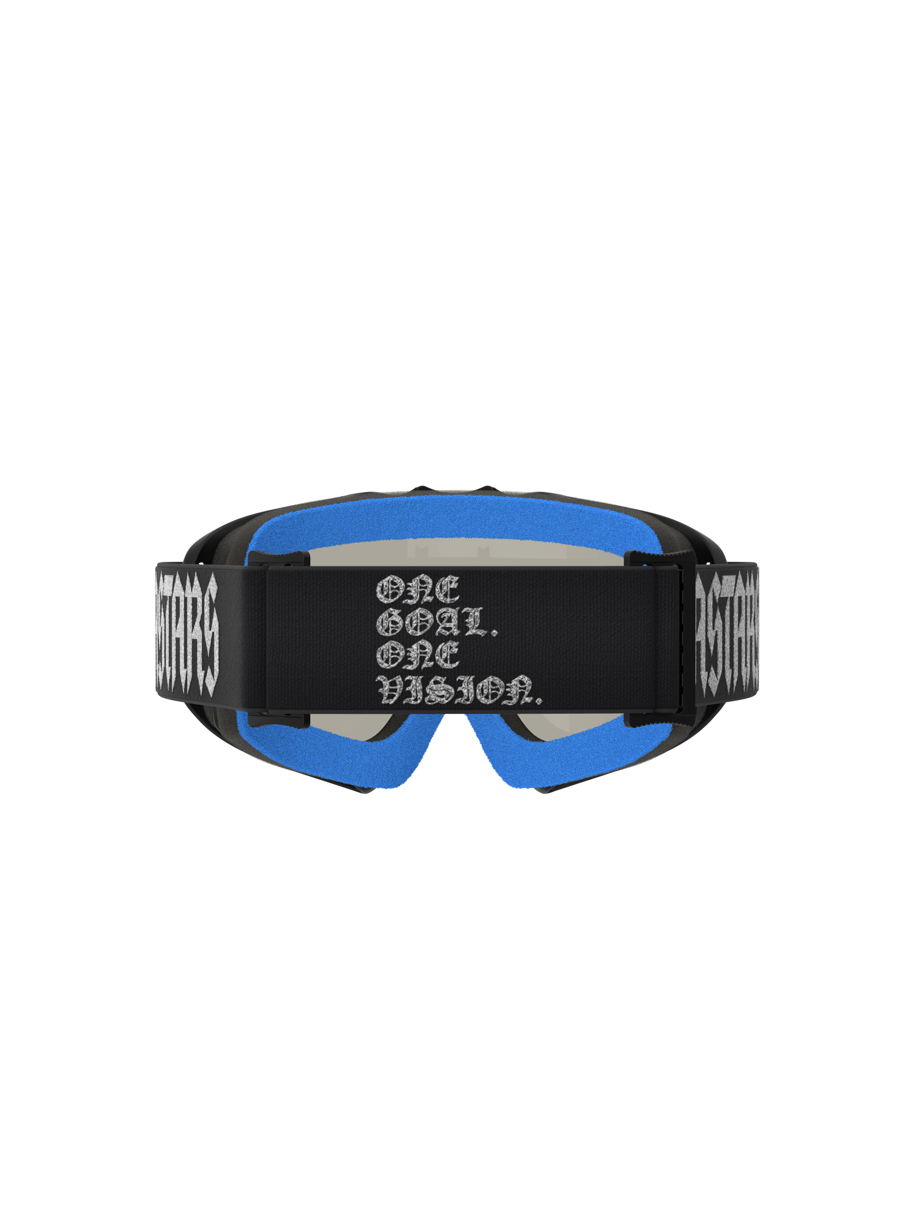 Alpinestars Vision Jugend-Schutzbrille Atrox, Schwarz und Blau, Rückansicht mit One Goal One Vision Branding auf dem Band.