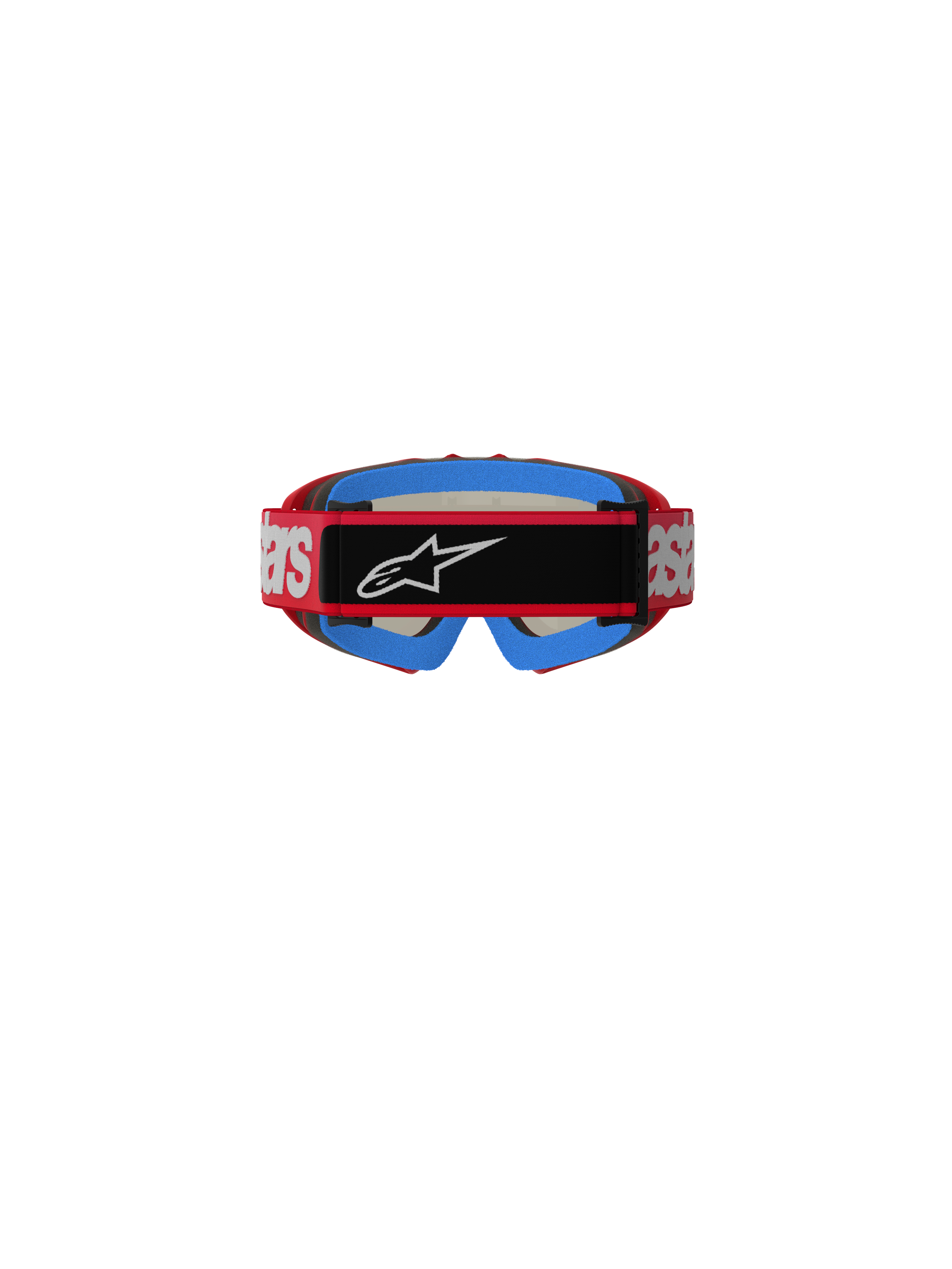 Alpinestars Vision Youth Blaze Goggles, Motocross-Brille, Rot und Silber, Rückansicht zeigt rotes Brillenband mit weißem Branding und schwarzem Mittelteil mit weißem Astars-Logo, blaue Schaumstoffpolsterung auf der Innenseite