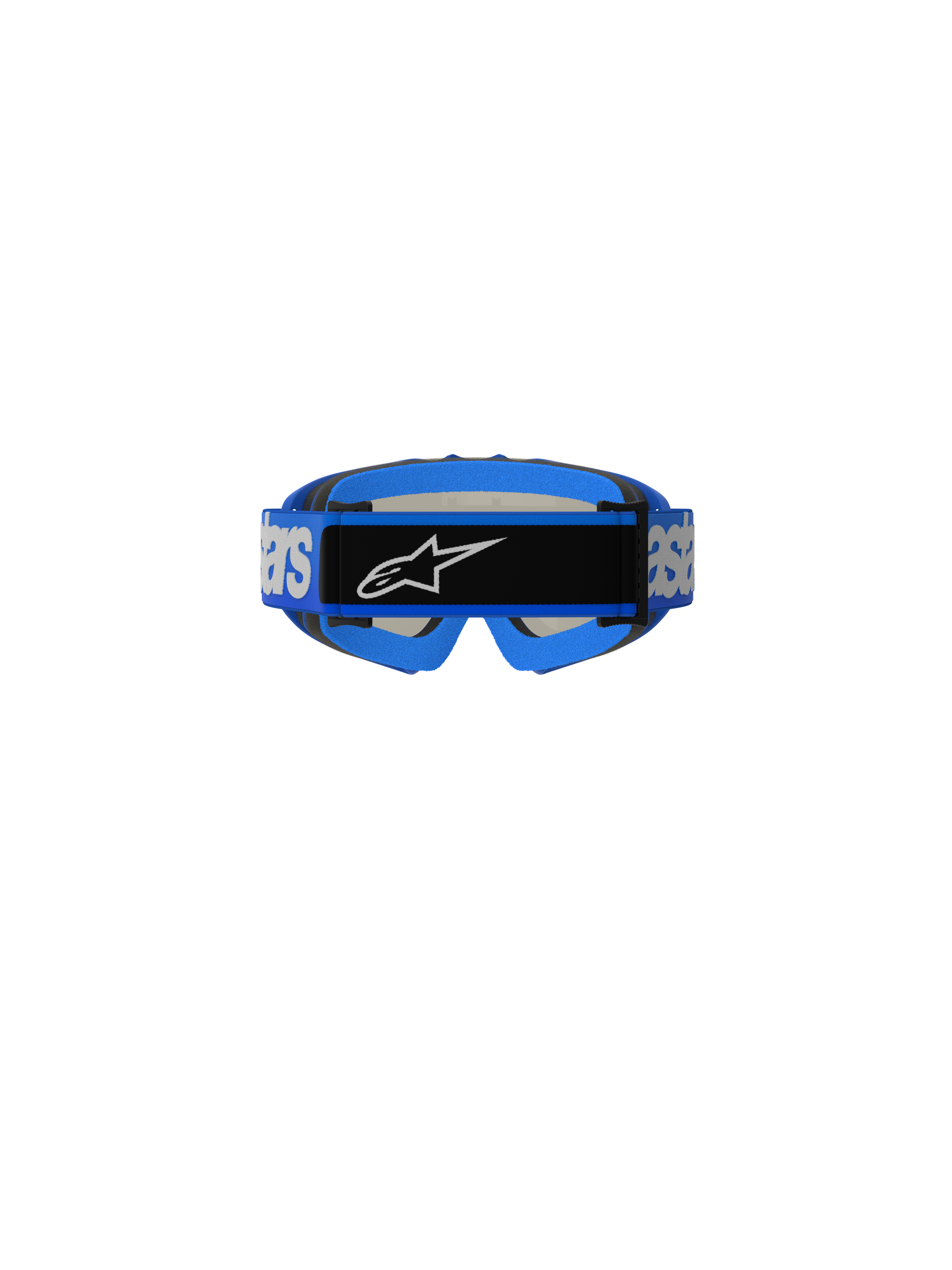 Alpinestars Vision Youth Blaze Goggles, Motocross-Brille, Blau, Rückansicht mit blau gewebtem Band, weißem Alpinestars-Branding und schwarzer mittiger Logoplatte, blaue Schaumstoffpolsterung, entwickelt für Jugend-Offroad-Rennsport