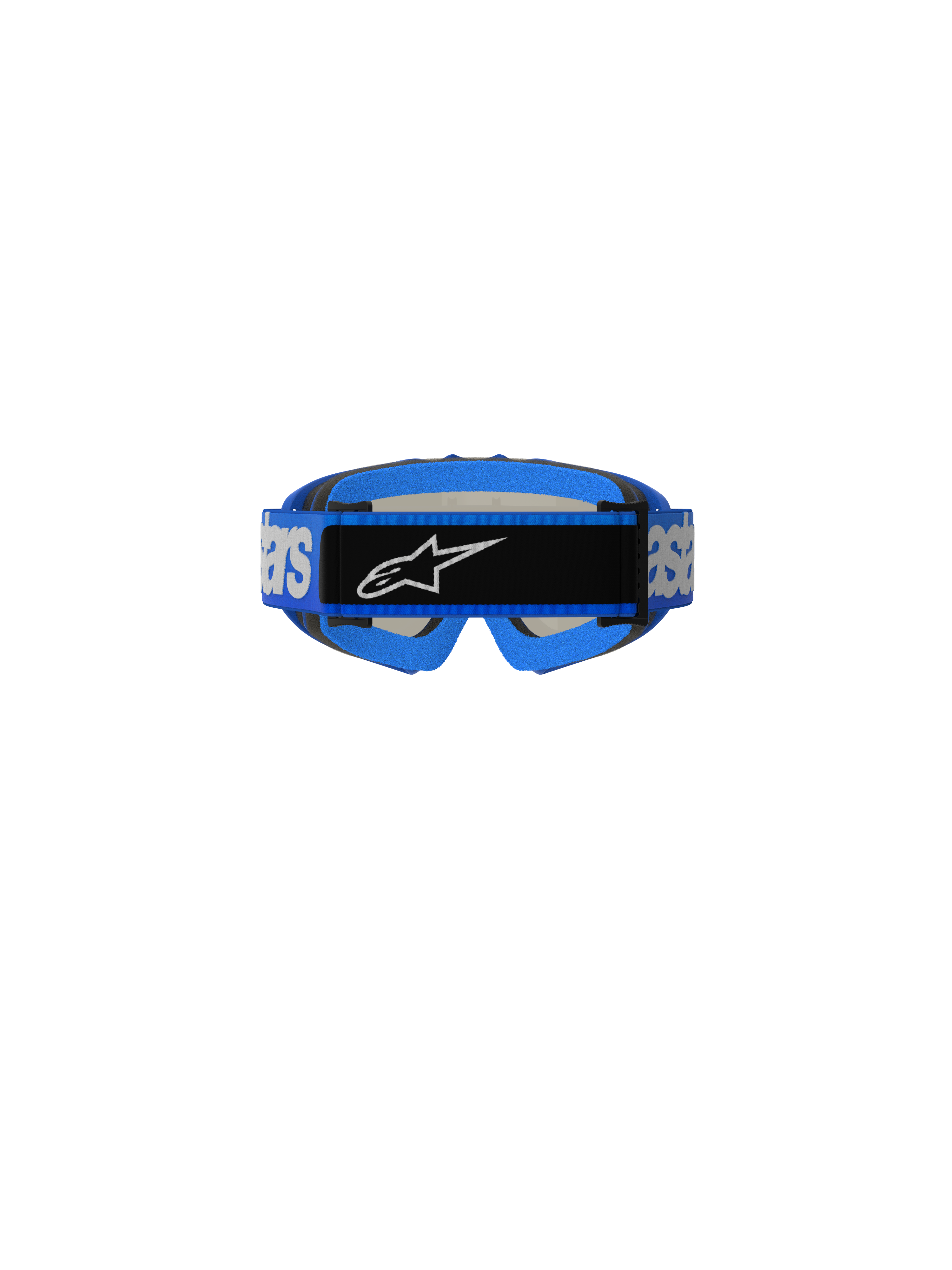 Alpinestars Vision Youth Blaze Goggles, Motocross Goggles, Blue, rear view showing blue woven strap with white Alpinestars branding and black center logo plate, blue foam padding, designed for youth off-road racing