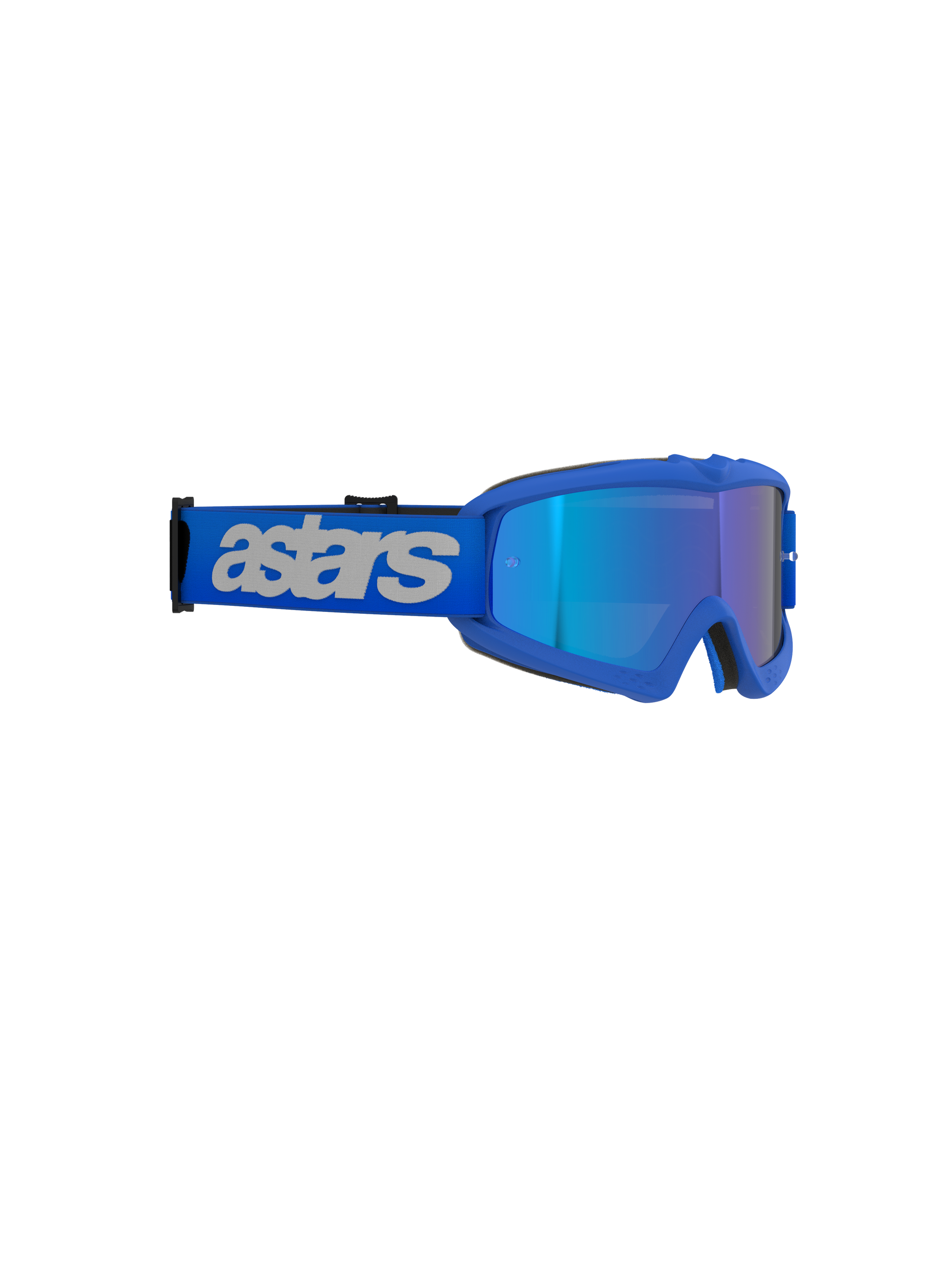 Alpinestars Vision Youth Blaze Goggles, Motocross-Brille, Blau verspiegelt Blau, leuchtend blauer Rahmen mit verspiegelter Scheibe, breites blaues Band mit hellgrauem „astars“-Branding, leistungsstarker Augenschutz für junge Offroad-Fahrer