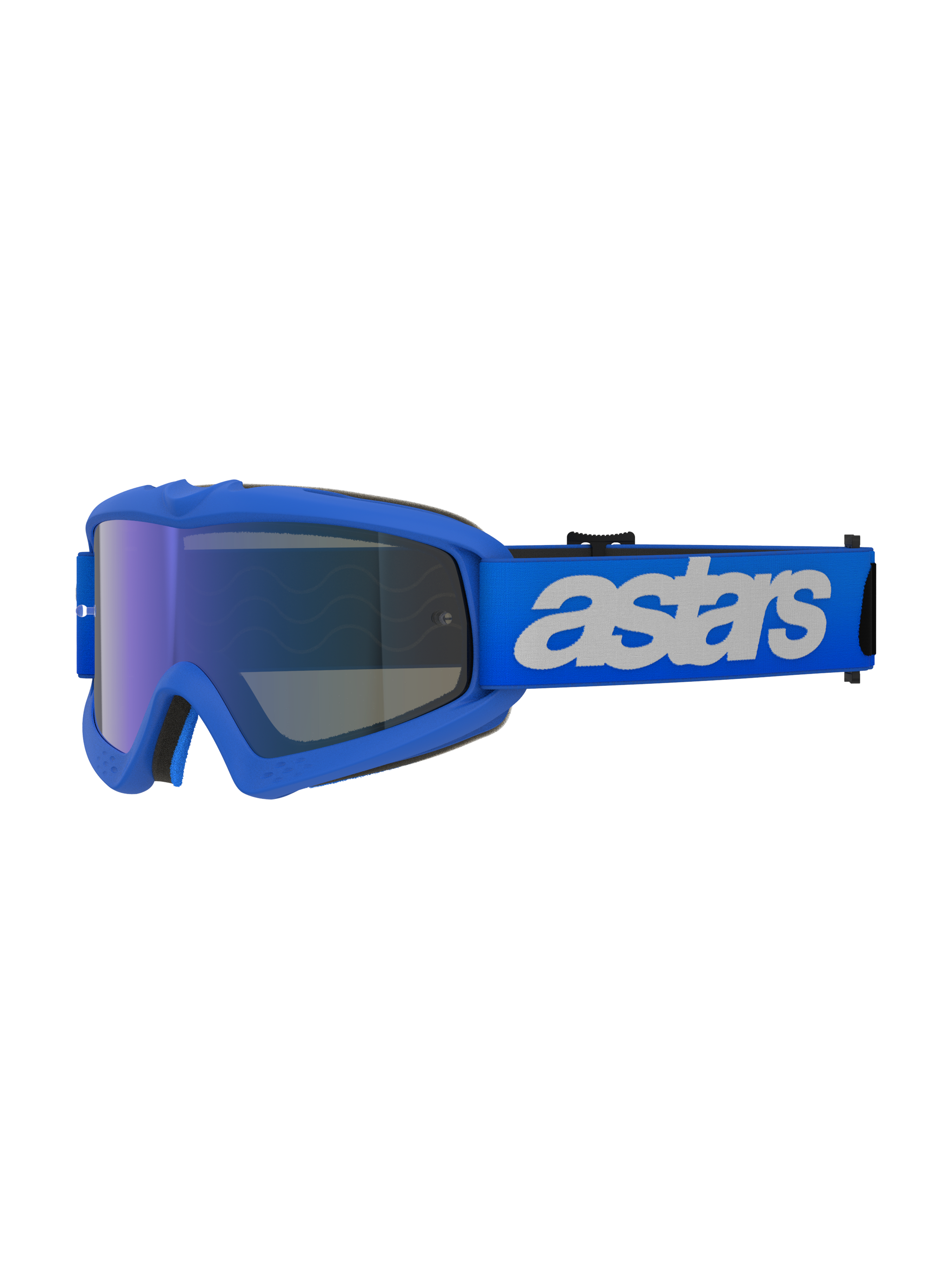 Alpinestars Vision Youth Blaze Goggles, Motocross-Brille, Blue Mirror Blue, blauer Rahmen mit blau verspiegelter Anti-Beschlag-Linse, verstellbares blaues Band mit weißem „astars“-Logo, spezialisierte Schutzbrille für junge Fahrer