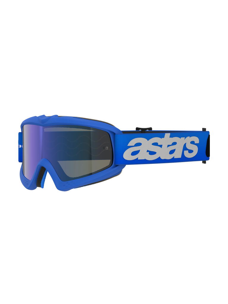 Alpinestars Vision Youth Blaze Goggles, Motocross Goggles, Blue Mirror Blue, blue frame with blue mirrored anti-fog lens, adjustable blue strap with white "astars" logo, specialized protective eyewear for youth riders